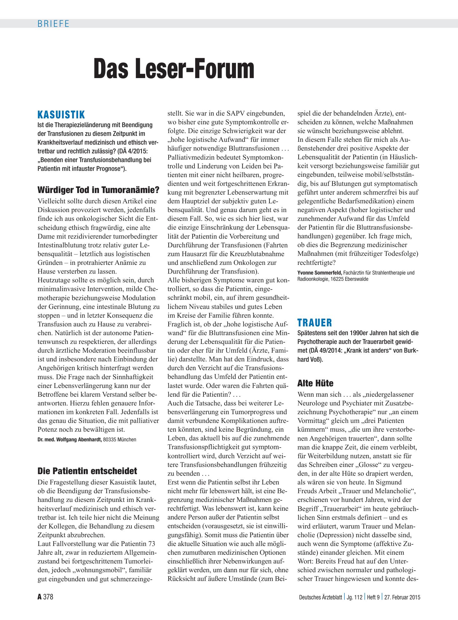 Vorschauseite 1: Trauer: Alte Hüte – Deutsches Ärzteblatt