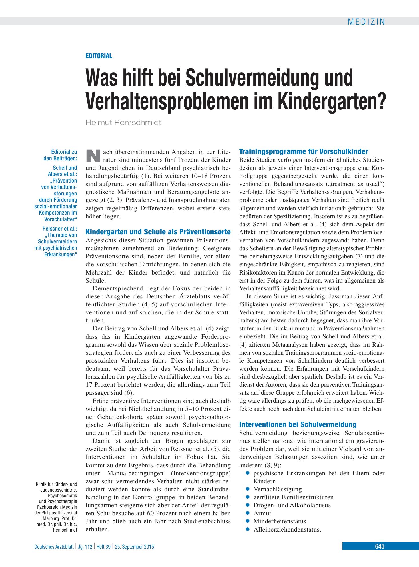 Vorschauseite 1: Was hilft bei Schulvermeidung und Verhaltensproblemen im Kindergarten? – Deutsches Ärzteblatt
