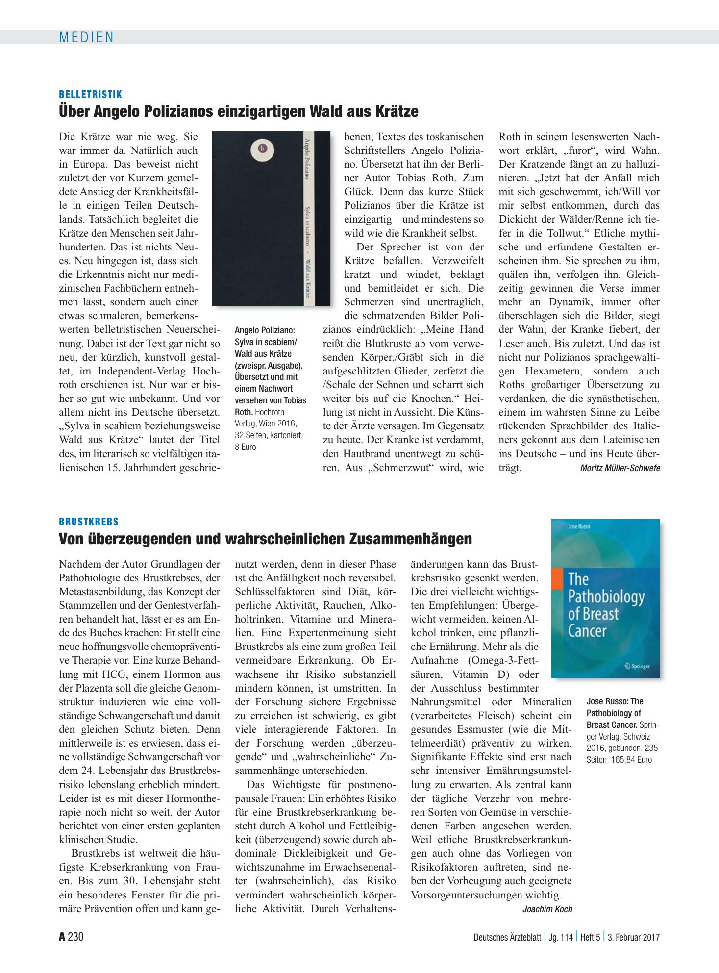 Vorschauseite 1: Belletristik: Über Angelo Polizianos einzigartigen Wald aus Krätze – Deutsches Ärzteblatt