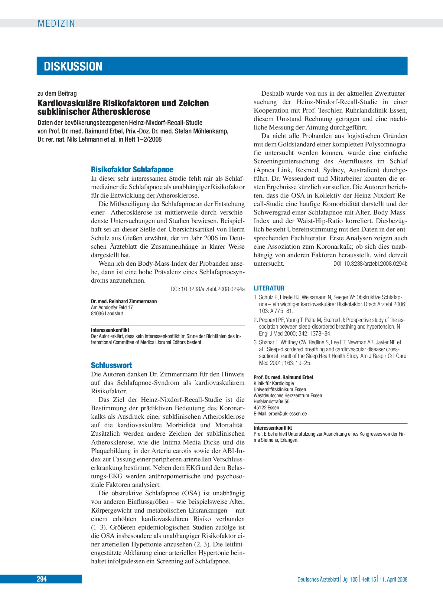 Vorschauseite 1: Kardiovaskuläre Risikofaktoren und Zeichen subklinischer Atherosklerose: Risikofaktor Schlafapnoe – Deutsches Ärzteblatt