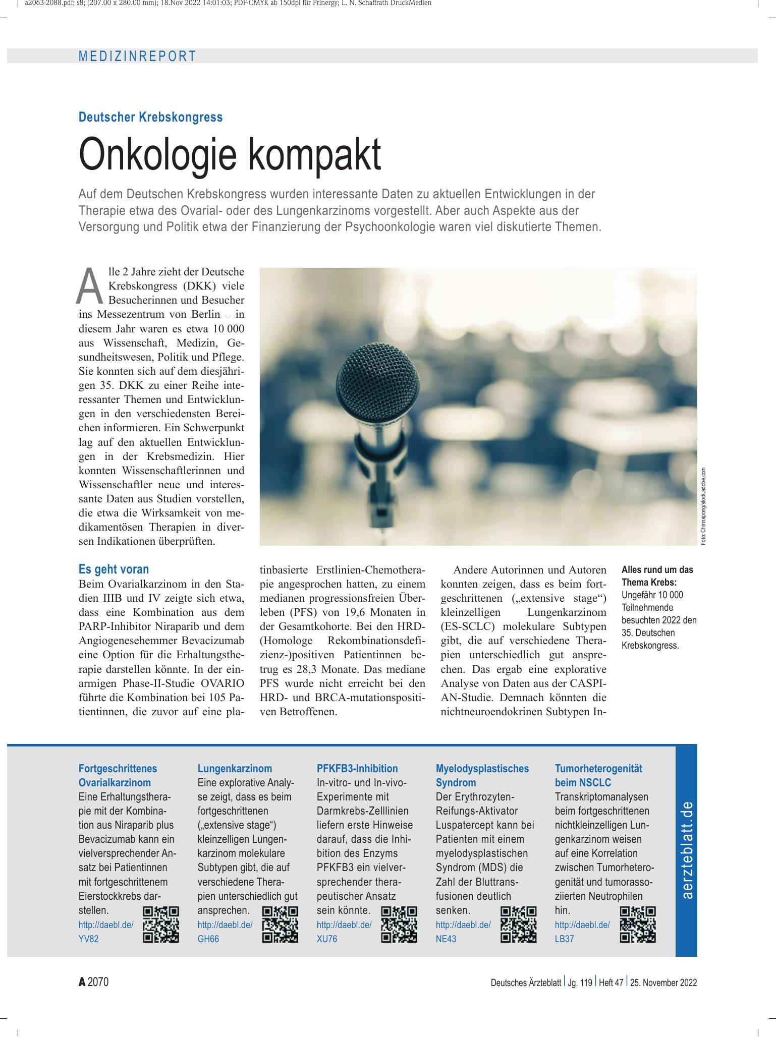 Vorschauseite 1: Deutscher Krebskongress: Onkologie kompakt – Deutsches Ärzteblatt