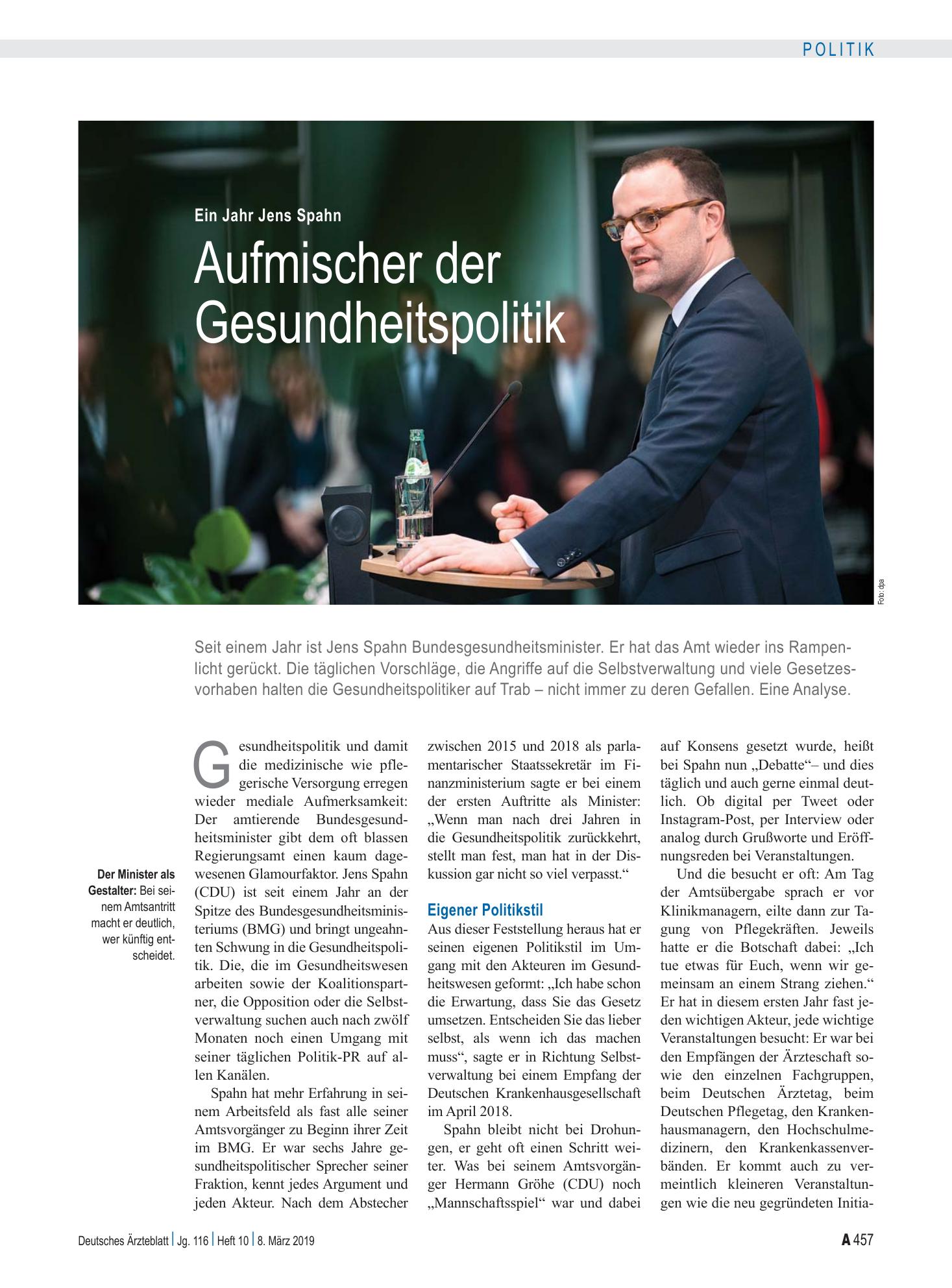 Vorschauseite 1: Ein Jahr Jens Spahn: Aufmischer der Gesundheitspolitik – Deutsches Ärzteblatt