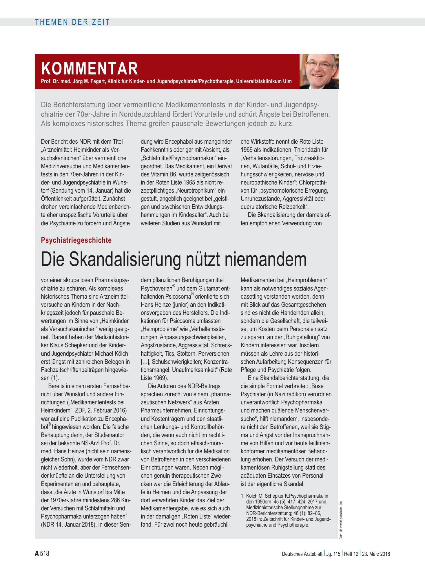 Vorschauseite 1: Psychiatriegeschichte: Die Skandalisierung nützt niemandem – Deutsches Ärzteblatt