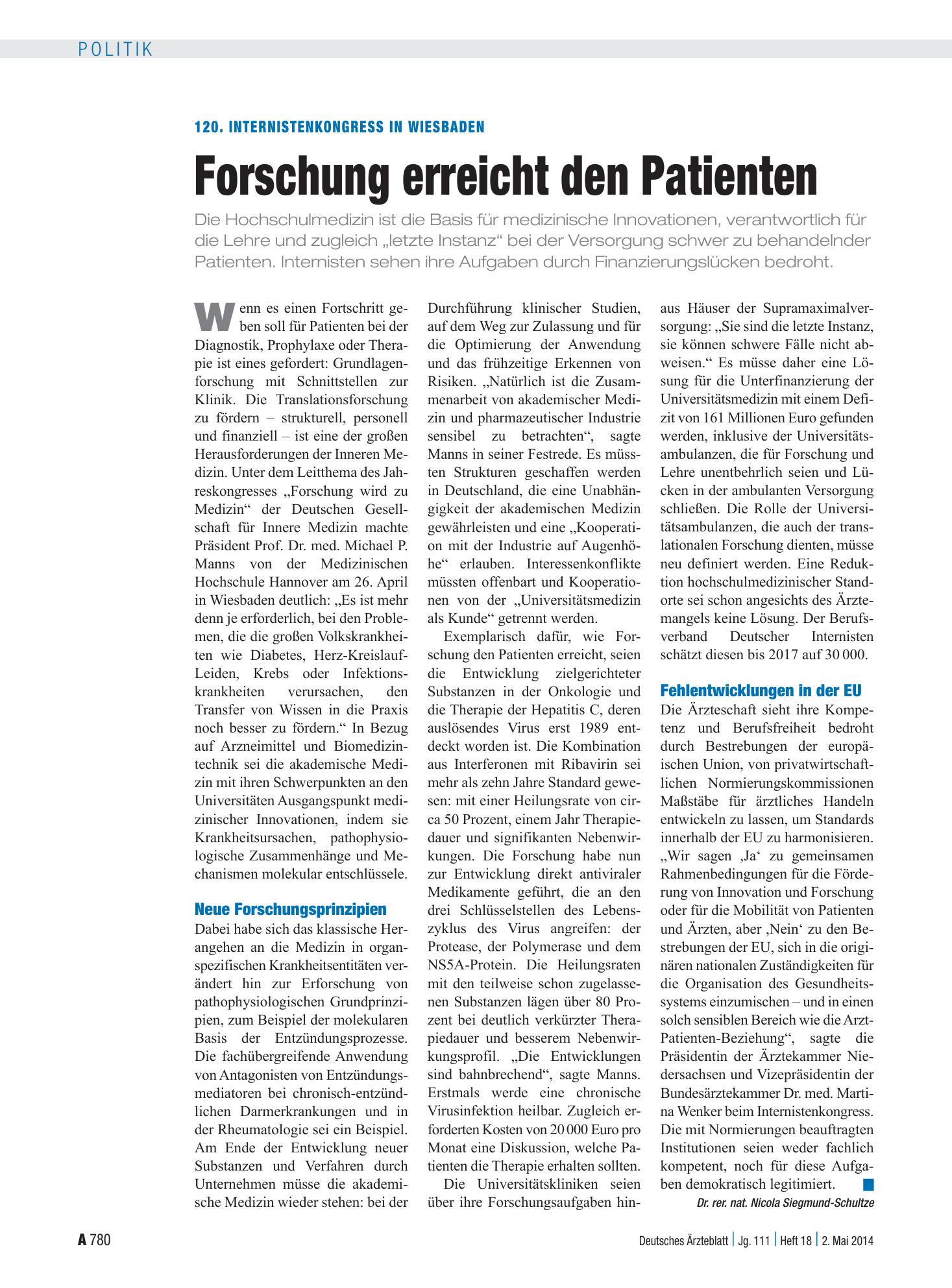 Vorschauseite 1: 120. Internistenkongress in Wiesbaden: Forschung erreicht den Patienten – Deutsches Ärzteblatt