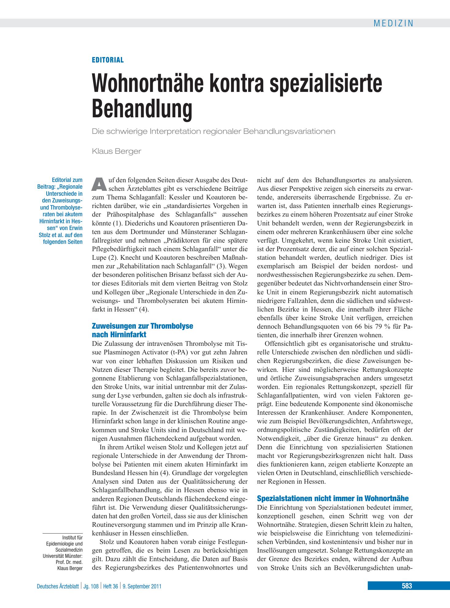 Vorschauseite 1: Regionale Unterschiede in den Zuweisungs- und Thrombolyseraten bei akutem Hirninfarkt in Hessen – Deutsches Ärzteblatt