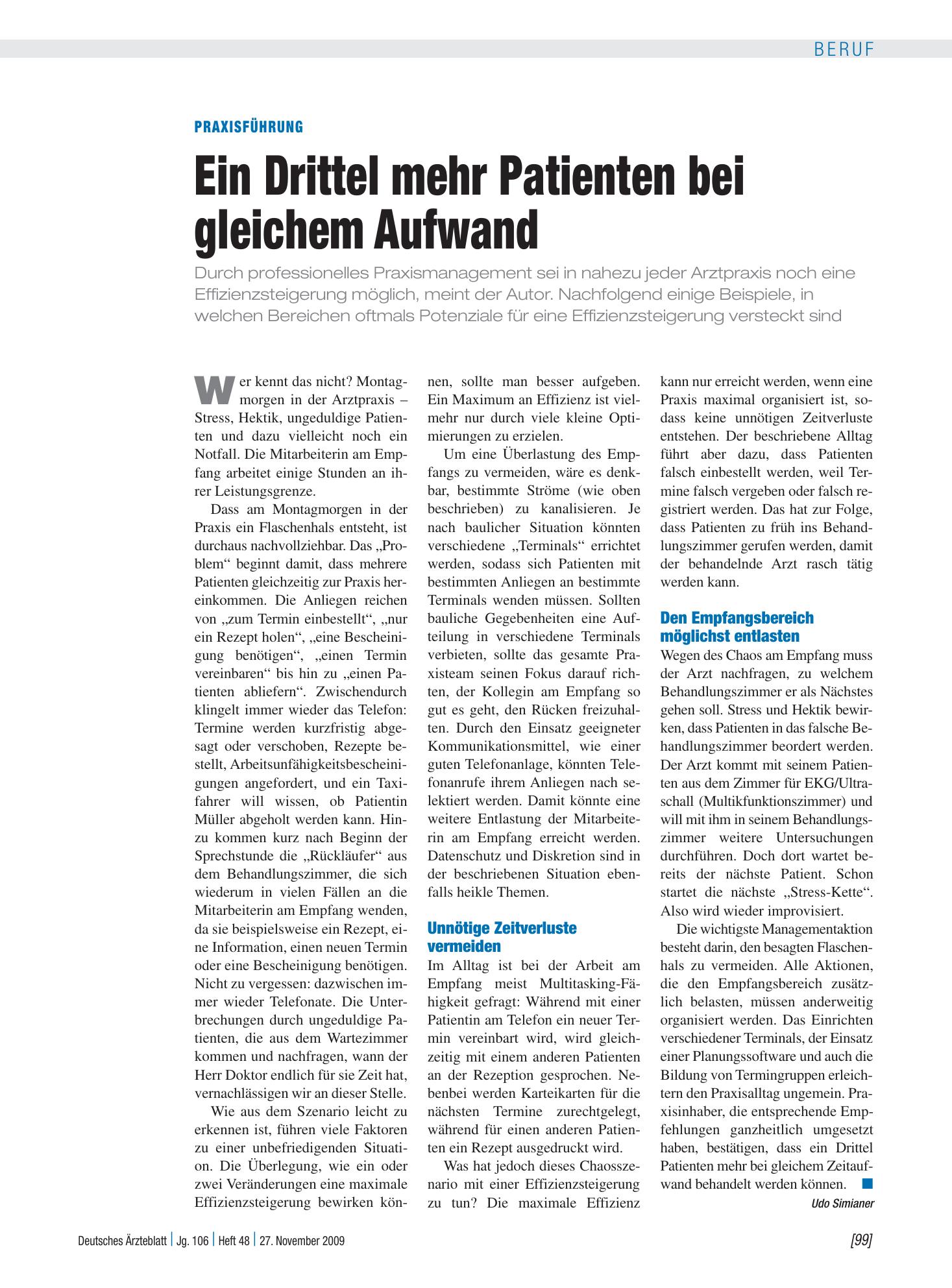 Vorschauseite 1: Praxisführung: Ein Drittel mehr Patienten bei gleichem Aufwand – Deutsches Ärzteblatt