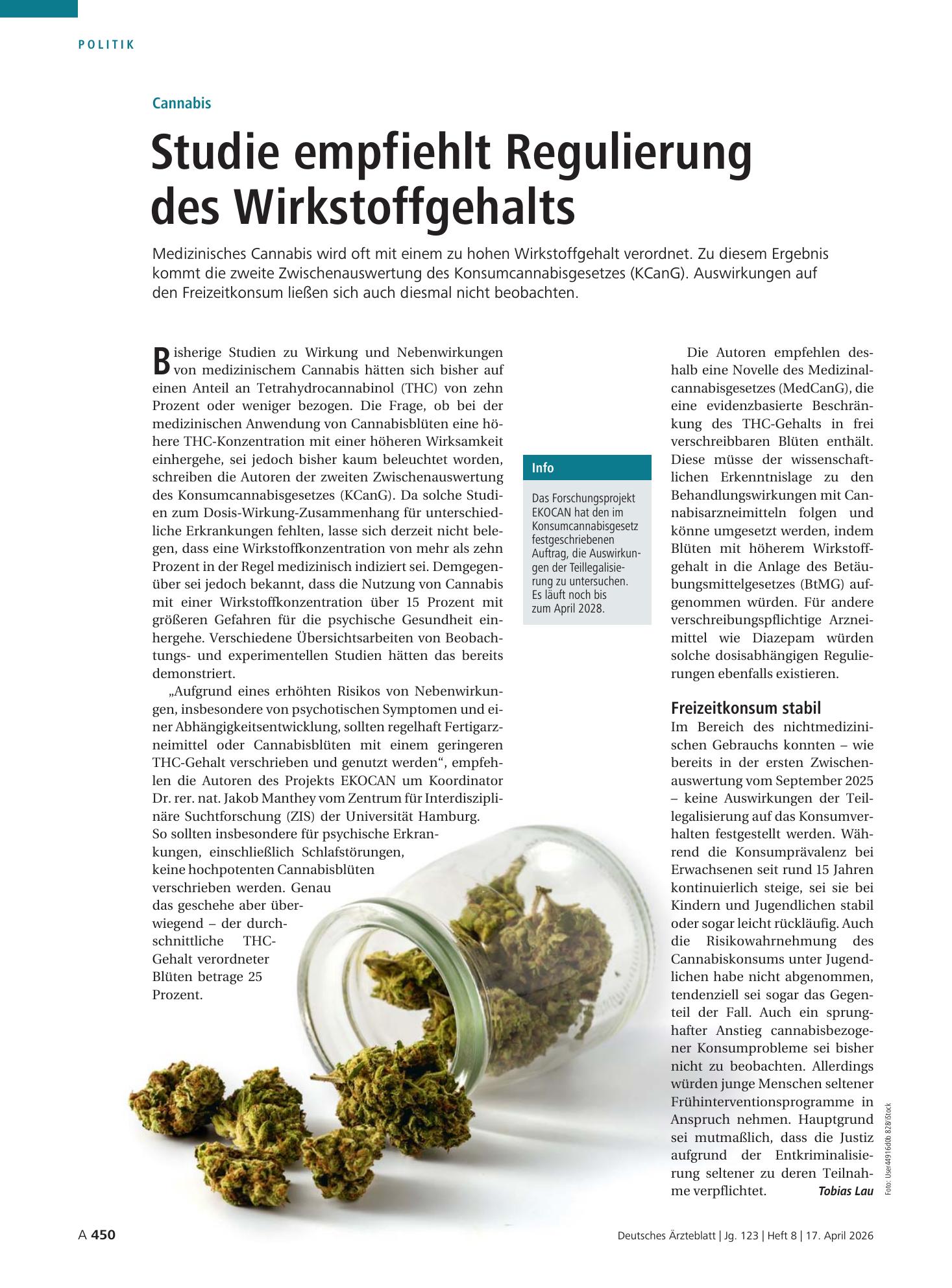 Vorschauseite 1: Cannabis: Studie empfiehlt Regulierung des Wirkstoffgehalts – Deutsches Ärzteblatt