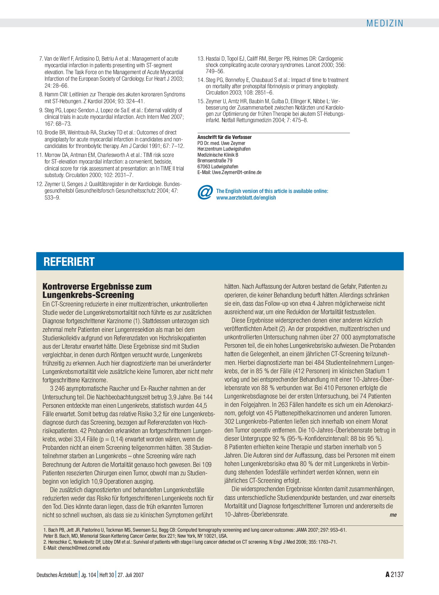 Vorschauseite 1: Kontroverse Ergebnisse zum Lungenkrebs-Screening – Deutsches Ärzteblatt
