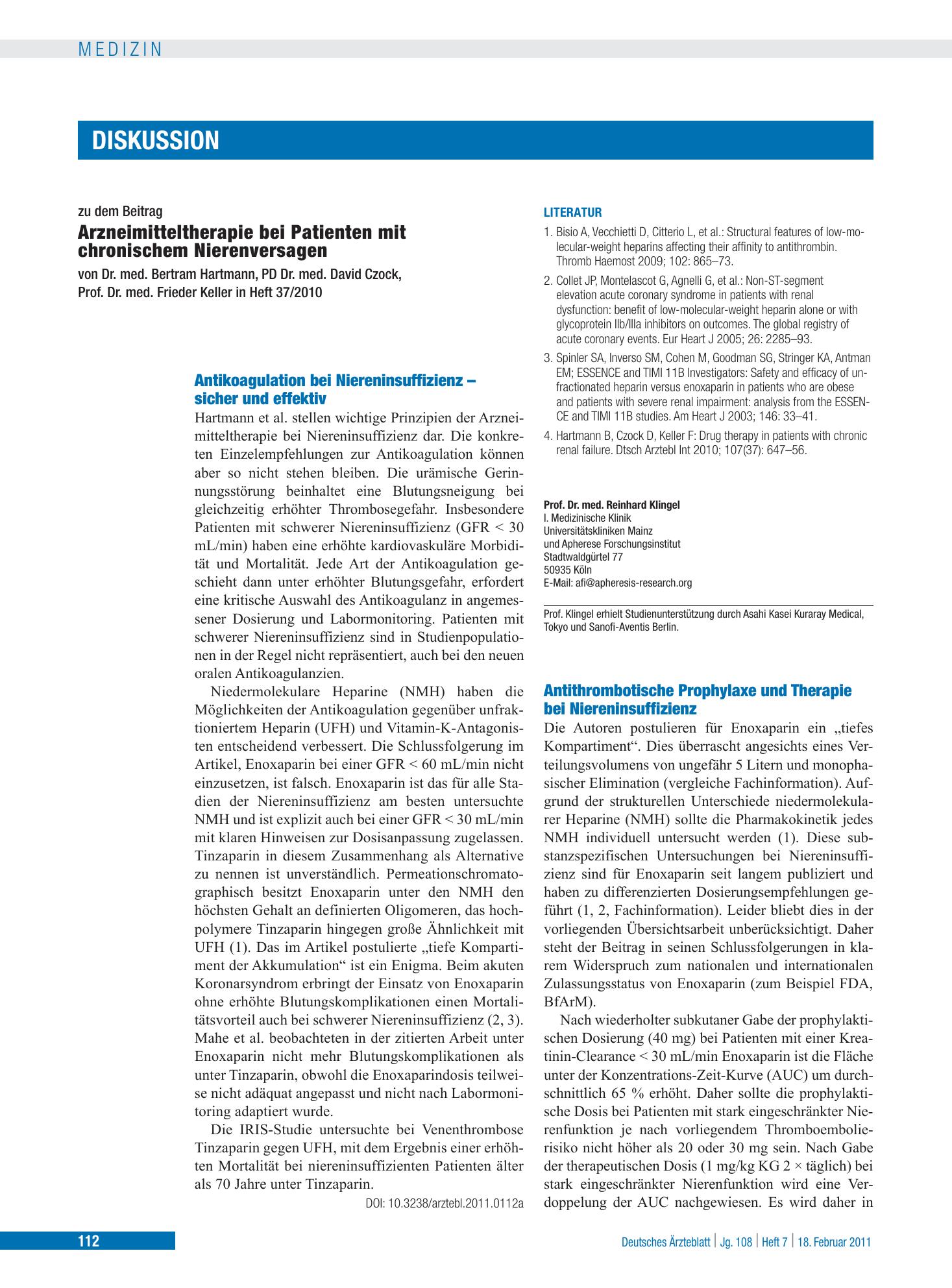 Vorschauseite 1: Antikoagulation bei Niereninsuffizienz – sicher und effektiv – Deutsches Ärzteblatt