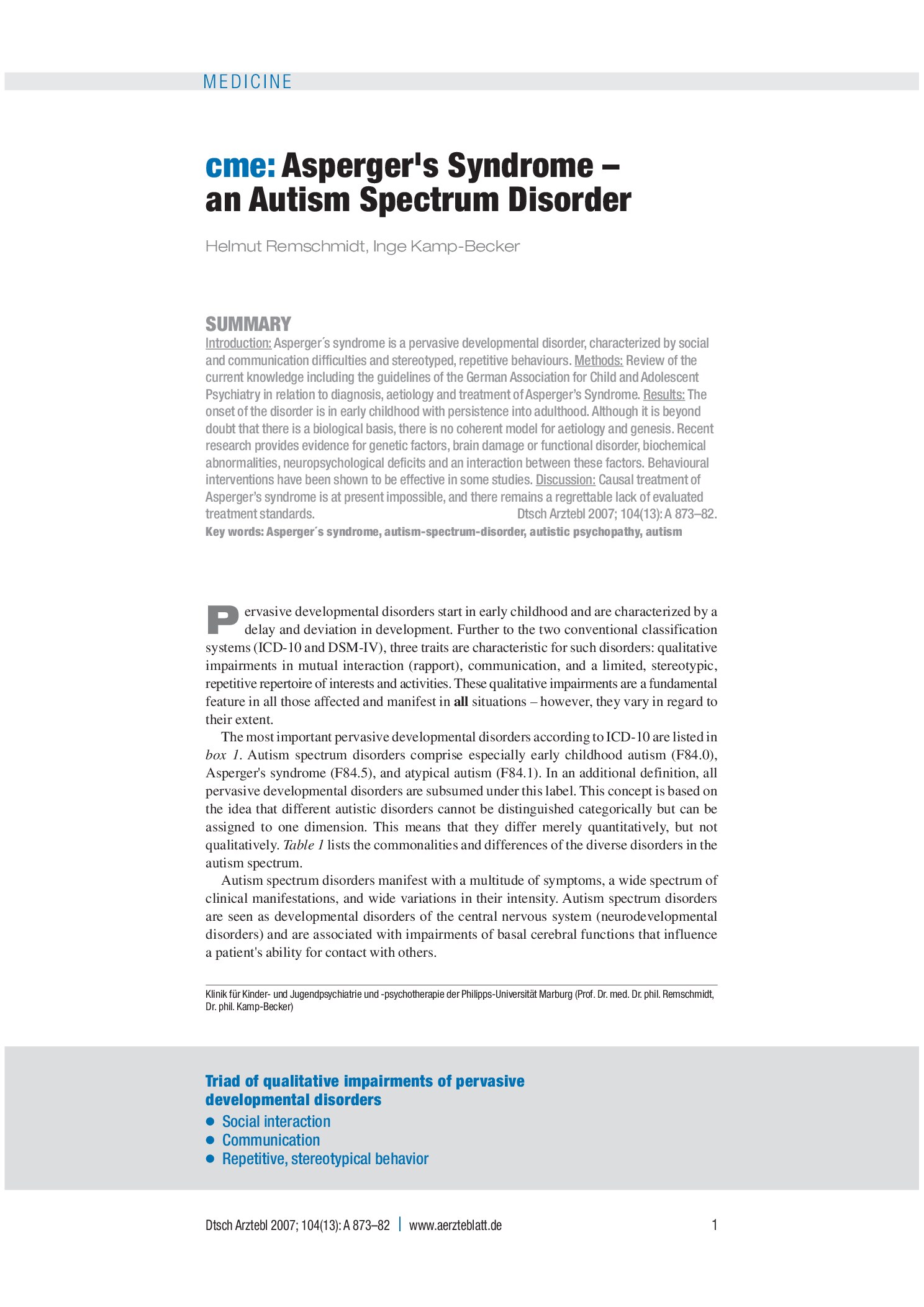 Vorschauseite 1: Das Asperger-Syndrom – eine Autismus-Spektrum-Störung – Deutsches Ärzteblatt