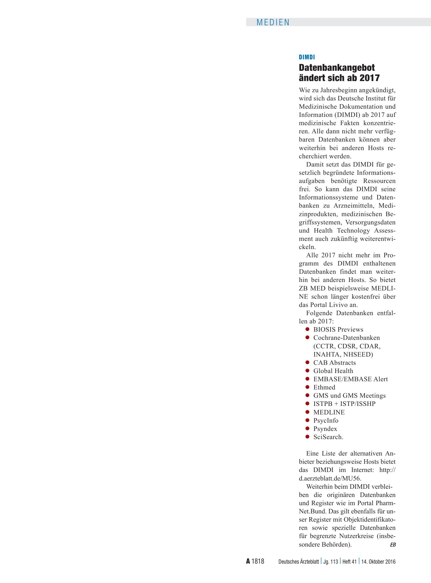 Vorschauseite 1: Dimdi: Datenbankangebot ändert sich ab 2017 – Deutsches Ärzteblatt