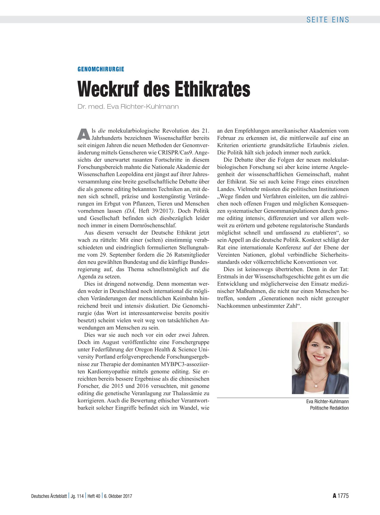 Vorschauseite 1: Genomchirurgie: Weckruf des Ethikrates – Deutsches Ärzteblatt