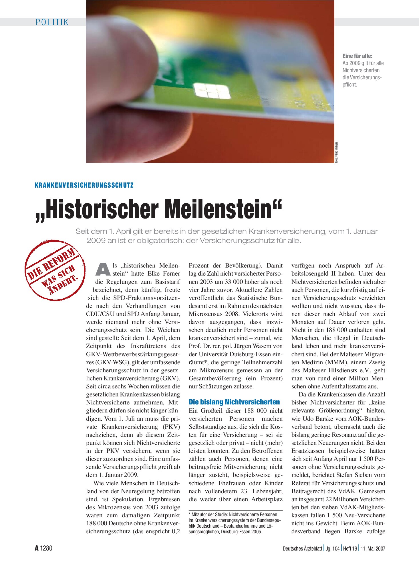 Vorschauseite 1: Krankenversicherungsschutz: „Historischer Meilenstein“ – Deutsches Ärzteblatt