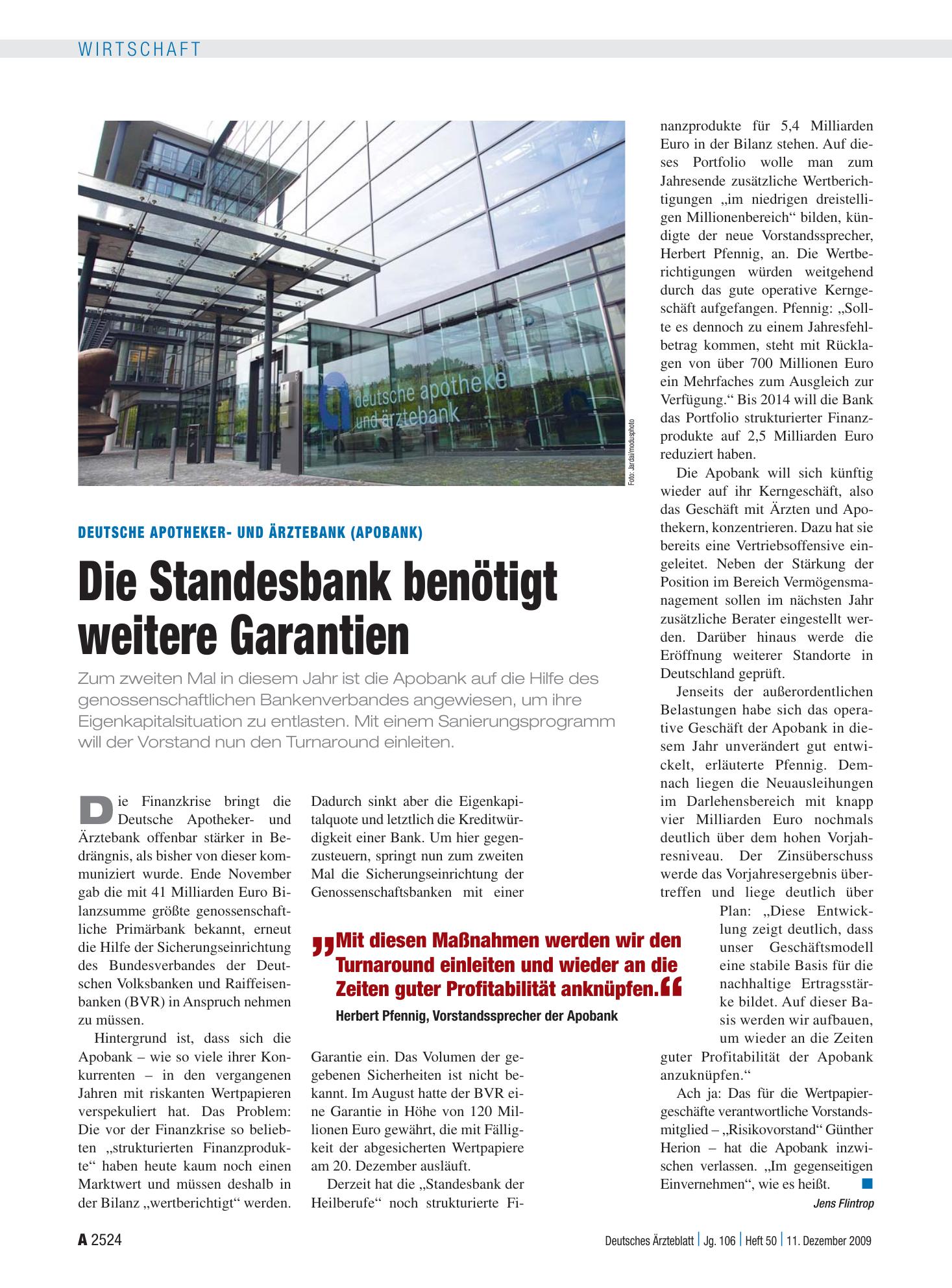 Vorschauseite 1: Deutsche Apotheker- und Ärztebank (Apobank): Die Standesbank benötigt weitere Garantien – Deutsches Ärzteblatt