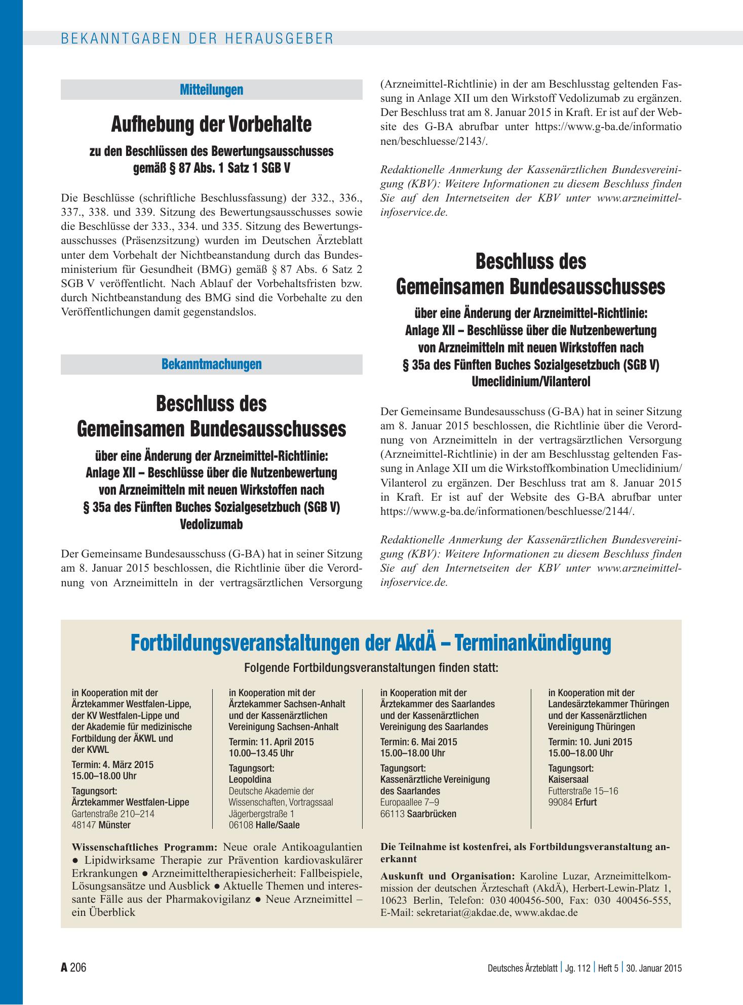 Vorschauseite 1: Aufhebung der Vorbehalte zu den Beschlüssen des Bewertungsausschusses gemäß § 87 Abs. 1 Satz 1 SGB V – Deutsches Ärzteblatt