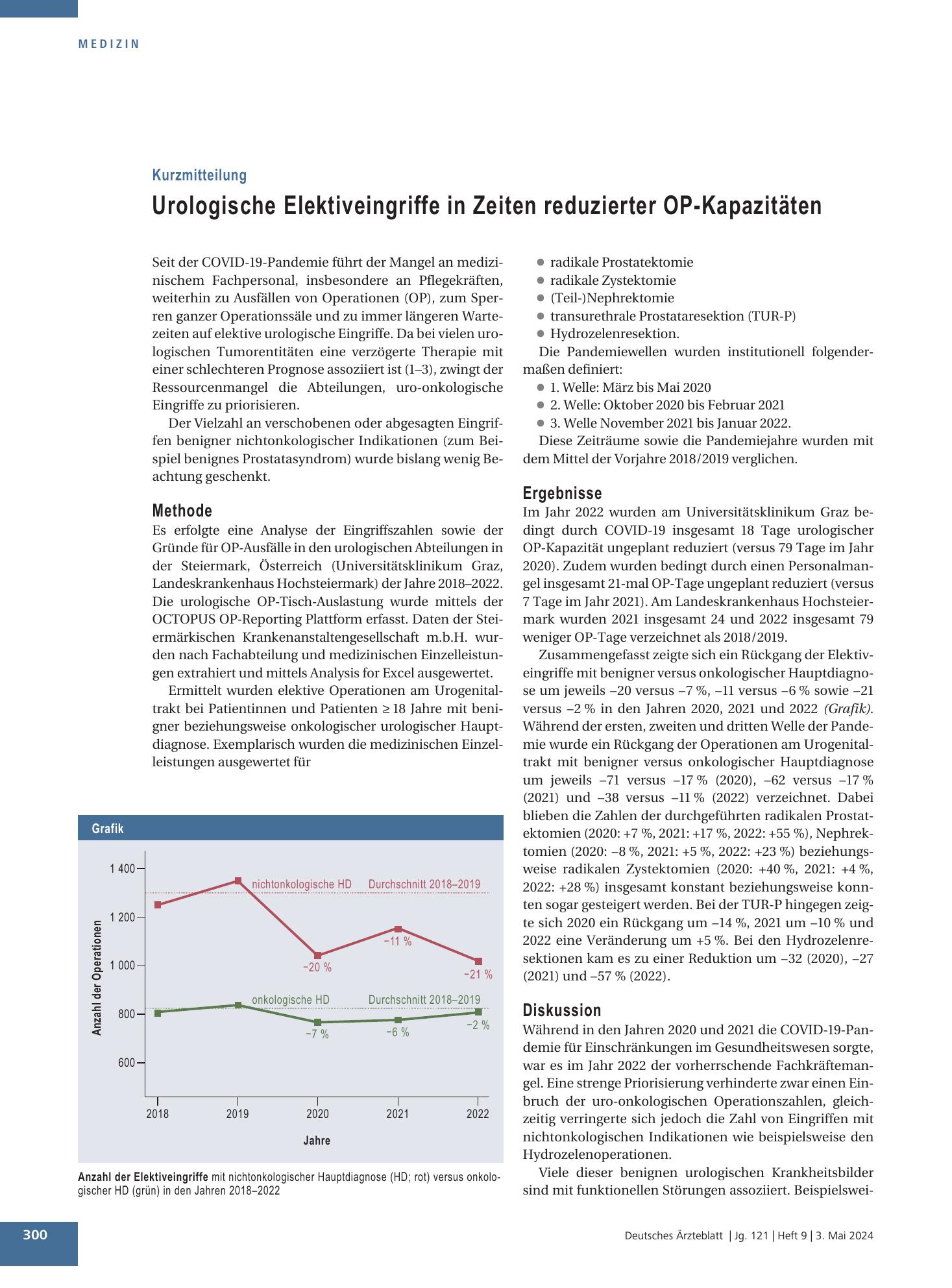 Vorschauseite 1: Urologische Elektiveingriffe in Zeiten reduzierter OP-Kapazitäten – Deutsches Ärzteblatt