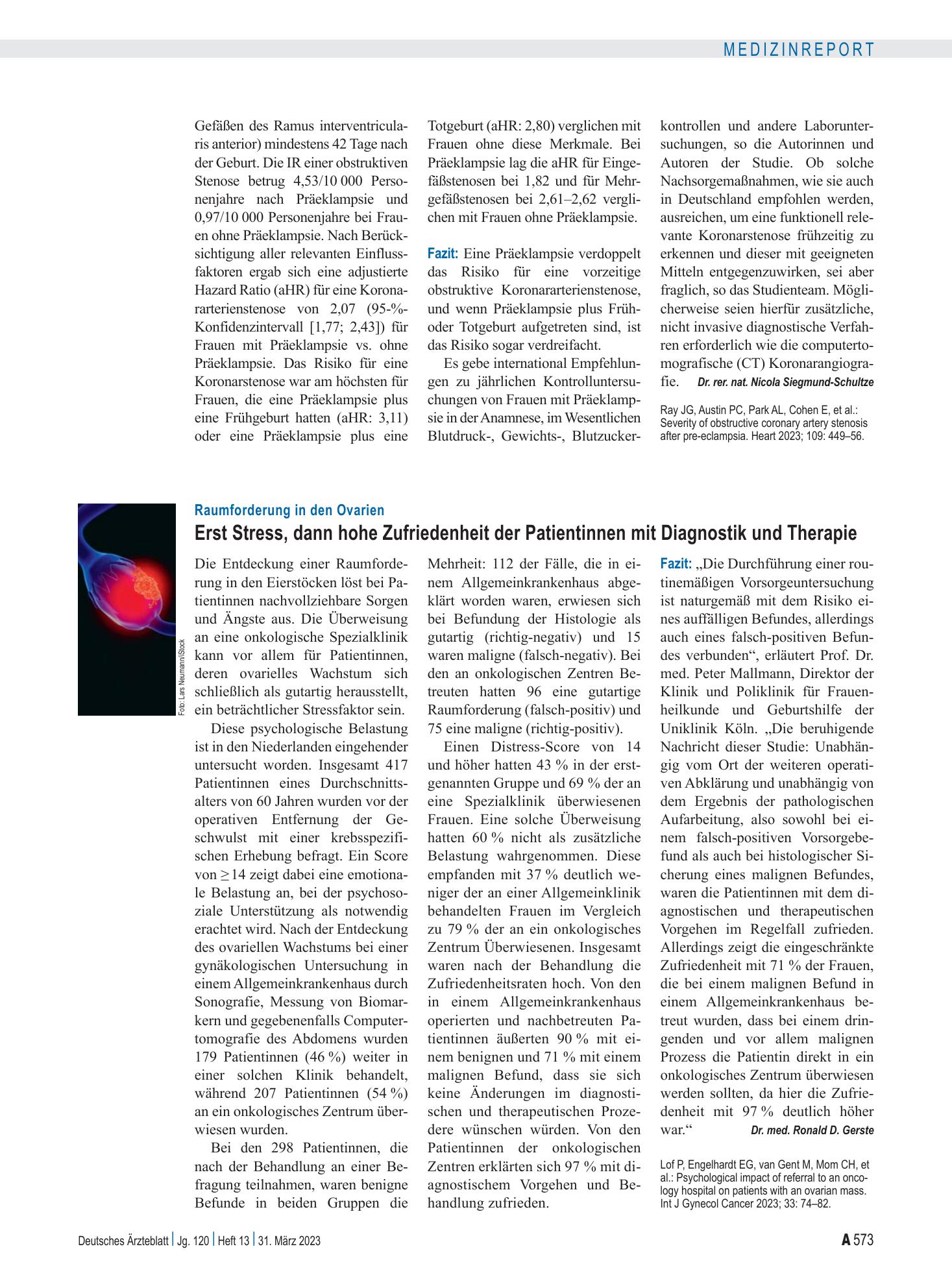 Vorschauseite 1: Raumforderung in den Ovarien: Erst Stress, dann hohe Zufriedenheit der Patientinnen mit Diagnostik und Therapie – Deutsches Ärzteblatt