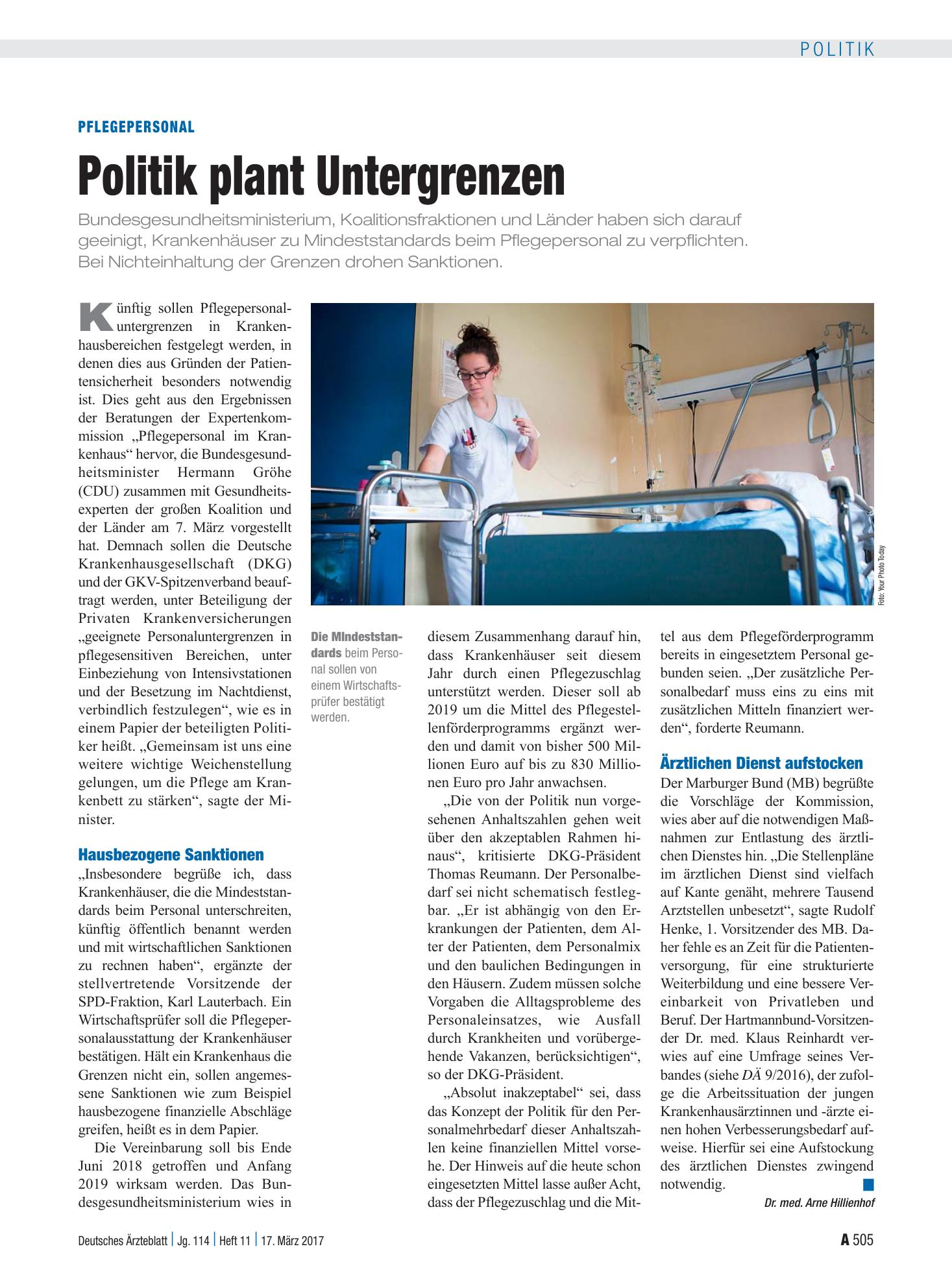 Vorschauseite 1: Pflegepersonal: Politik plant Untergrenzen – Deutsches Ärzteblatt