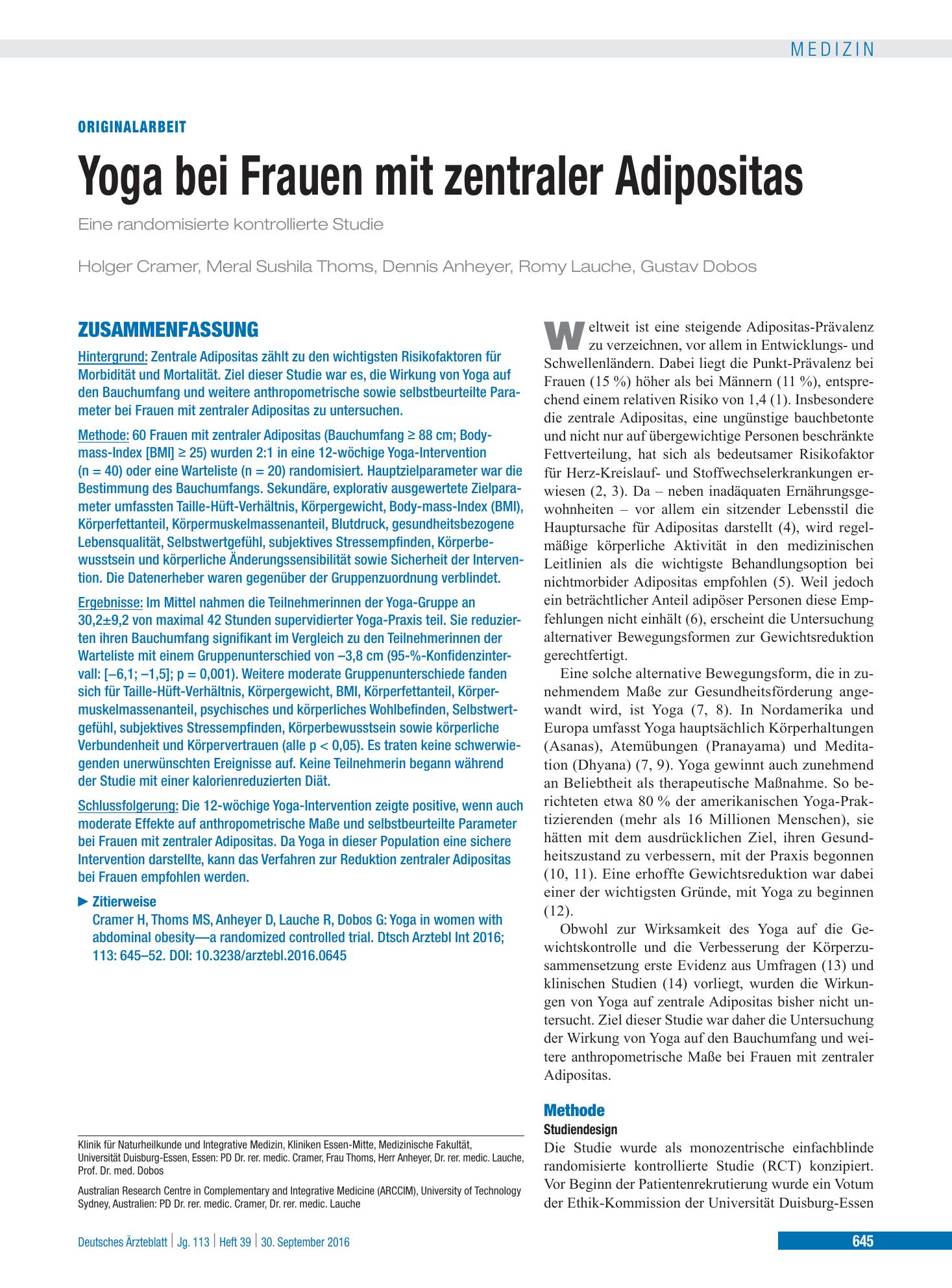 Vorschauseite 1: Yoga bei Frauen mit zentraler Adipositas – Deutsches Ärzteblatt