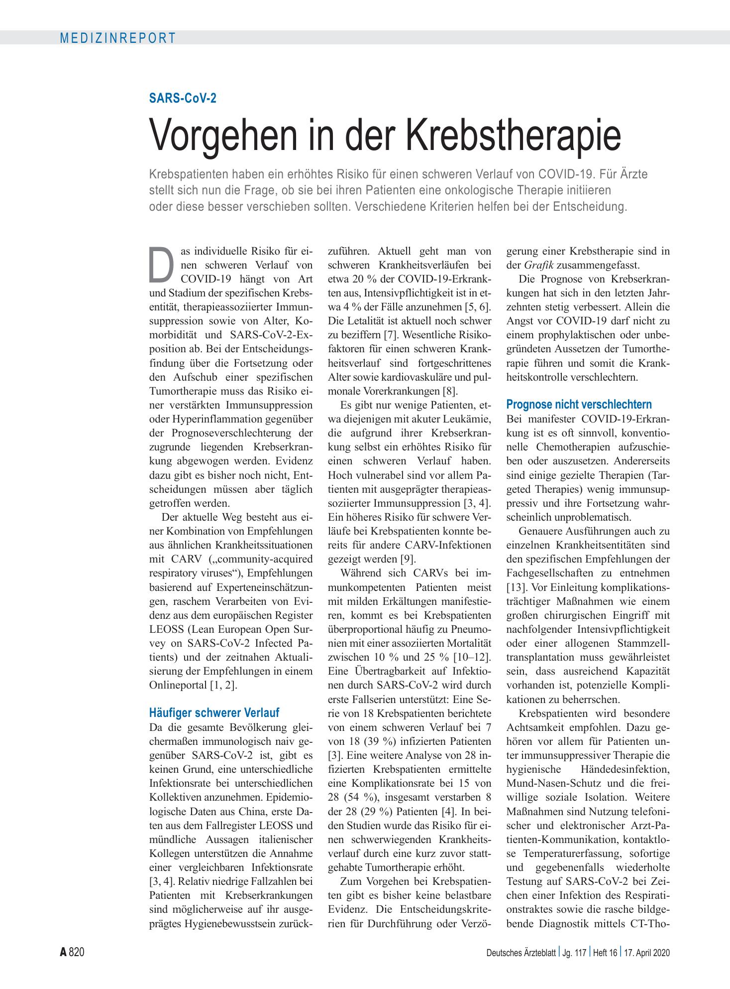 Vorschauseite 1: SARS-CoV-2: Vorgehen in der Krebstherapie – Deutsches Ärzteblatt
