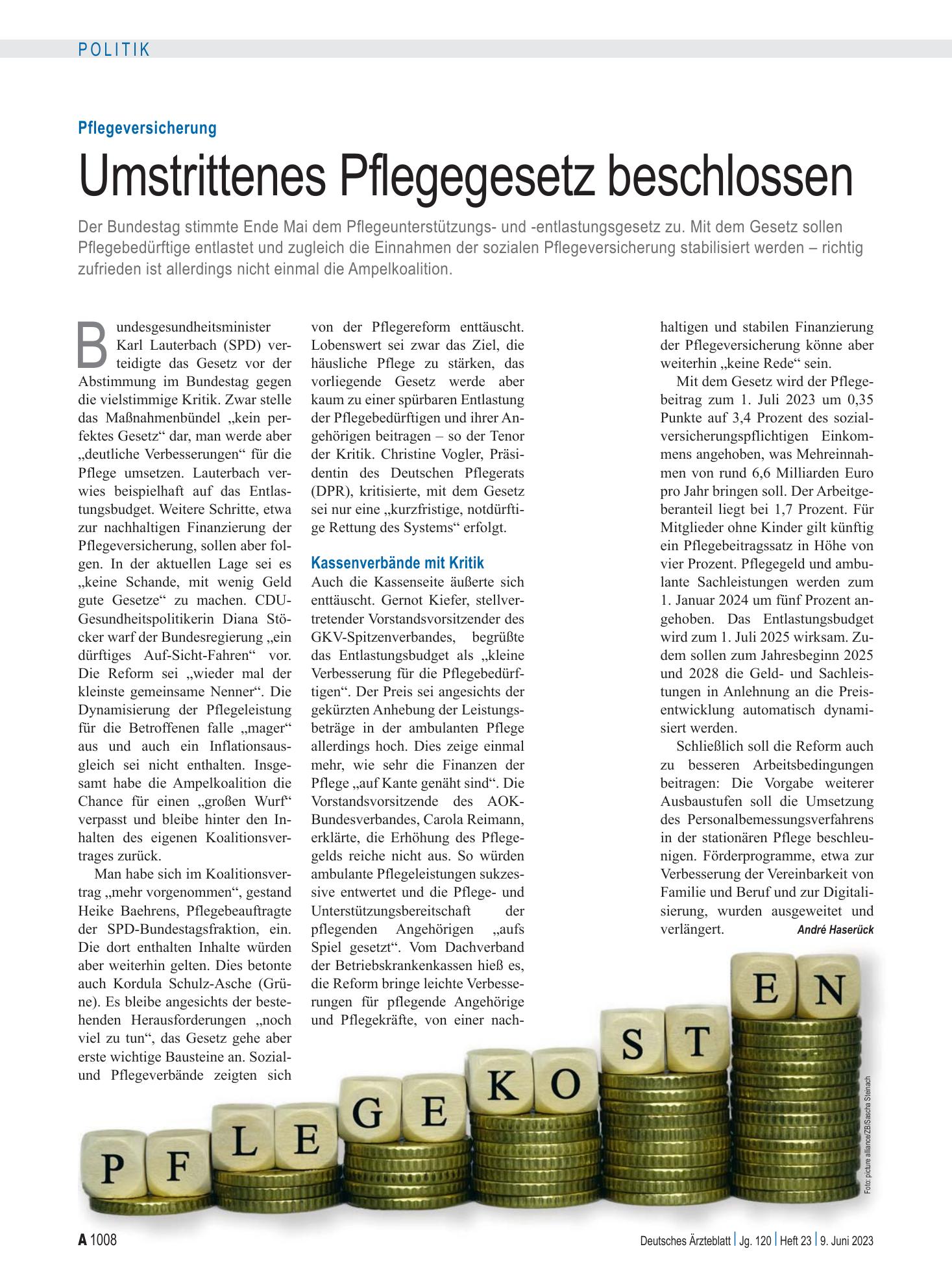 Vorschauseite 1: Pflegeversicherung: Umstrittenes Pflegegesetz beschlossen – Deutsches Ärzteblatt