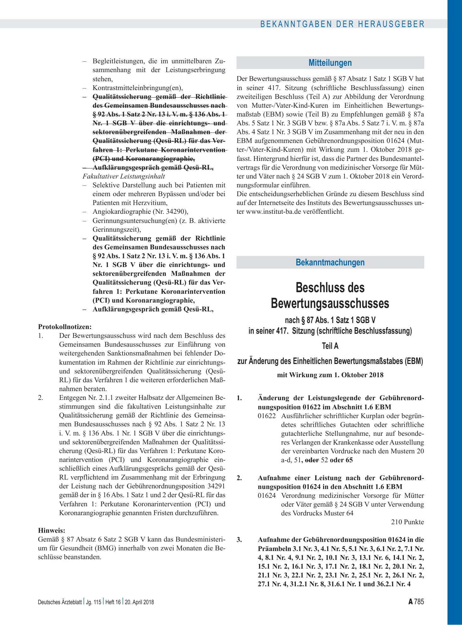 Vorschauseite 1: Beschluss des Bewertungsausschusses nach § 87 Abs. 1 Satz 1 SGB V in seiner 417. Sitzung (schriftliche Beschlussfassung): Teil A , Teil B – Deutsches Ärzteblatt