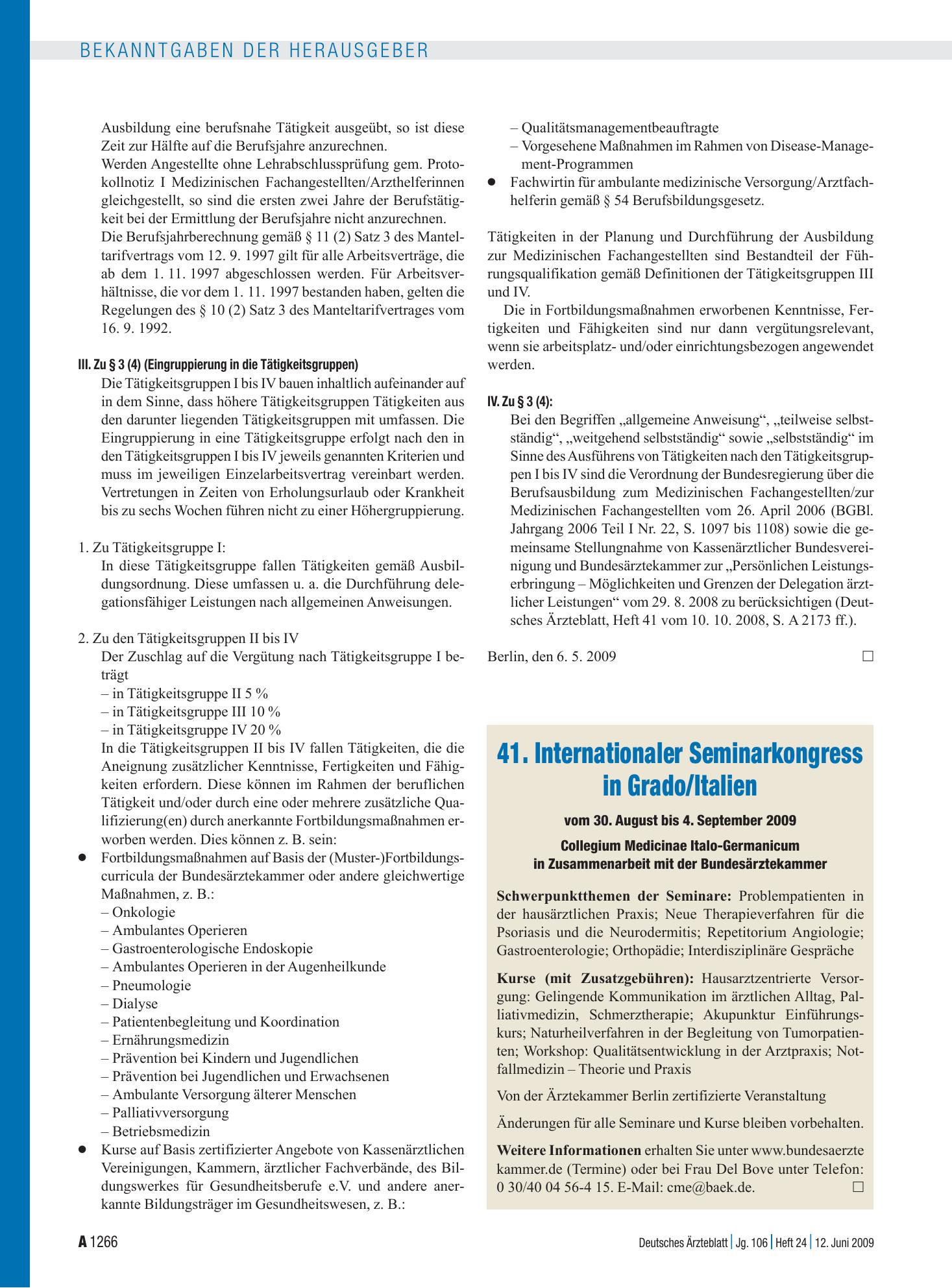 Vorschauseite 1: 41. Internationaler Seminarkongress in Grado/Italien vom 30. August bis 4. September 2009 – Deutsches Ärzteblatt
