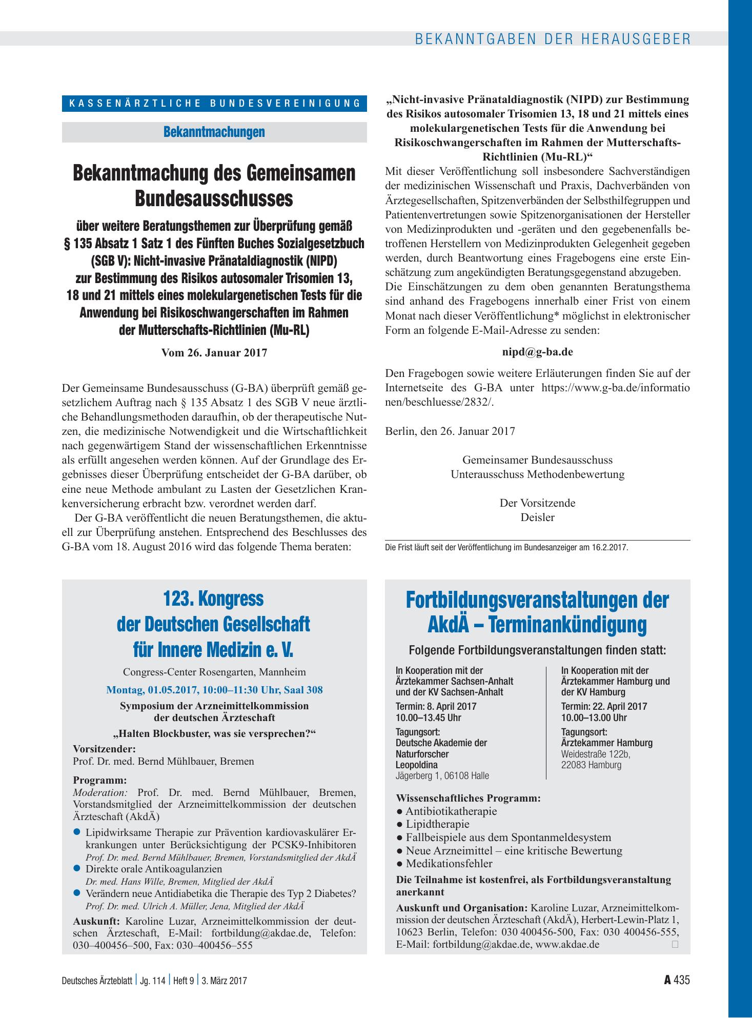 Vorschauseite 1: Fortbildungsveranstaltungen der AkdÄ – Terminankündigung – Deutsches Ärzteblatt