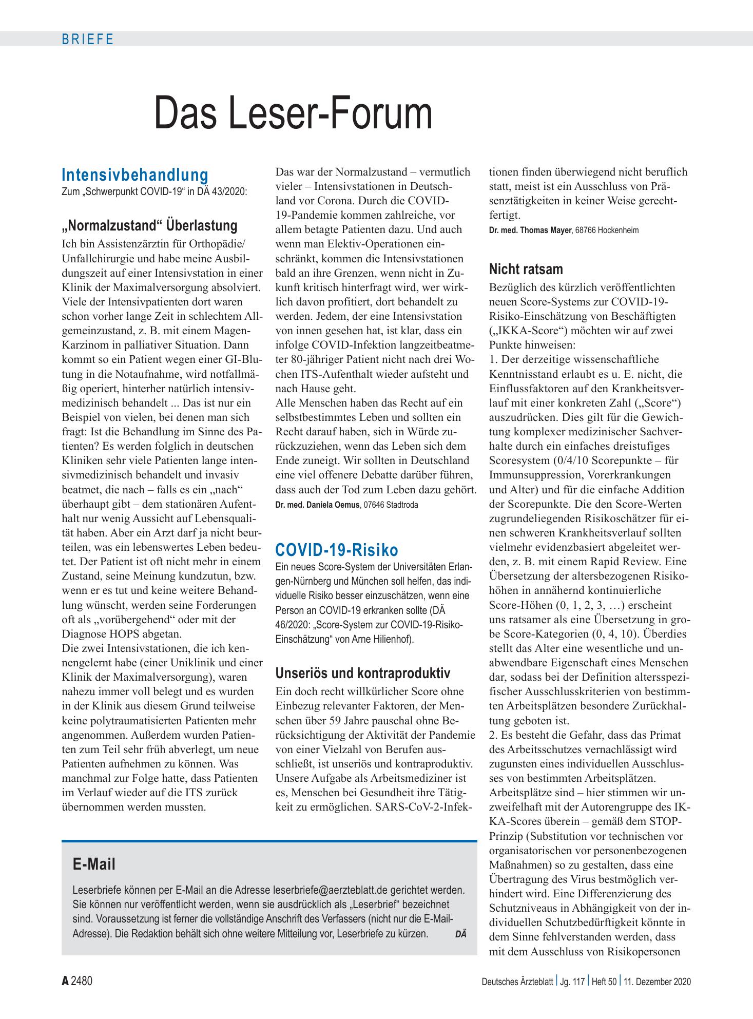Vorschauseite 1: COVID-19-Risiko: Nicht ratsam – Deutsches Ärzteblatt