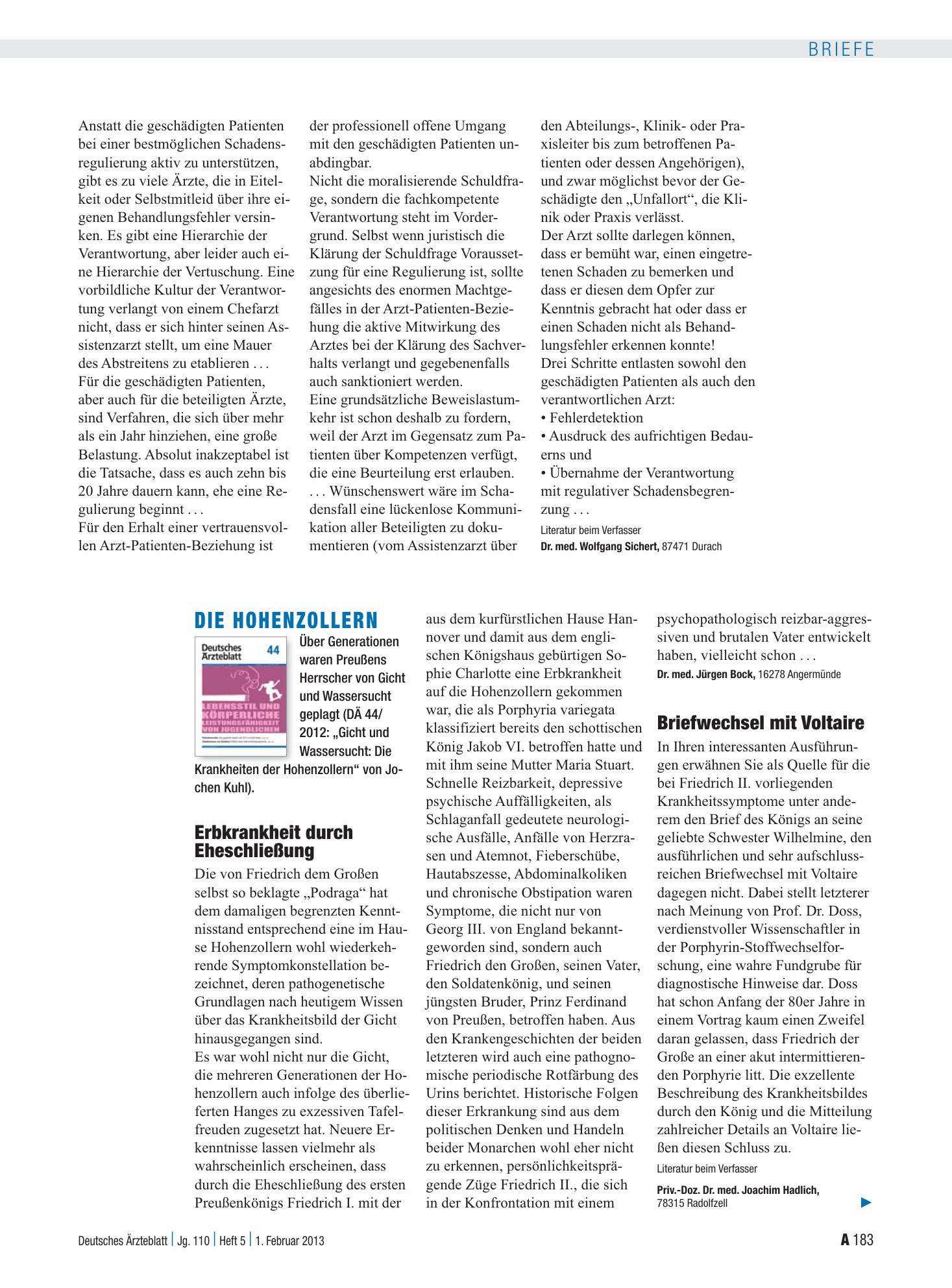 Vorschauseite 1: Die Hohenzollern: Briefwechsel mit Voltaire – Deutsches Ärzteblatt