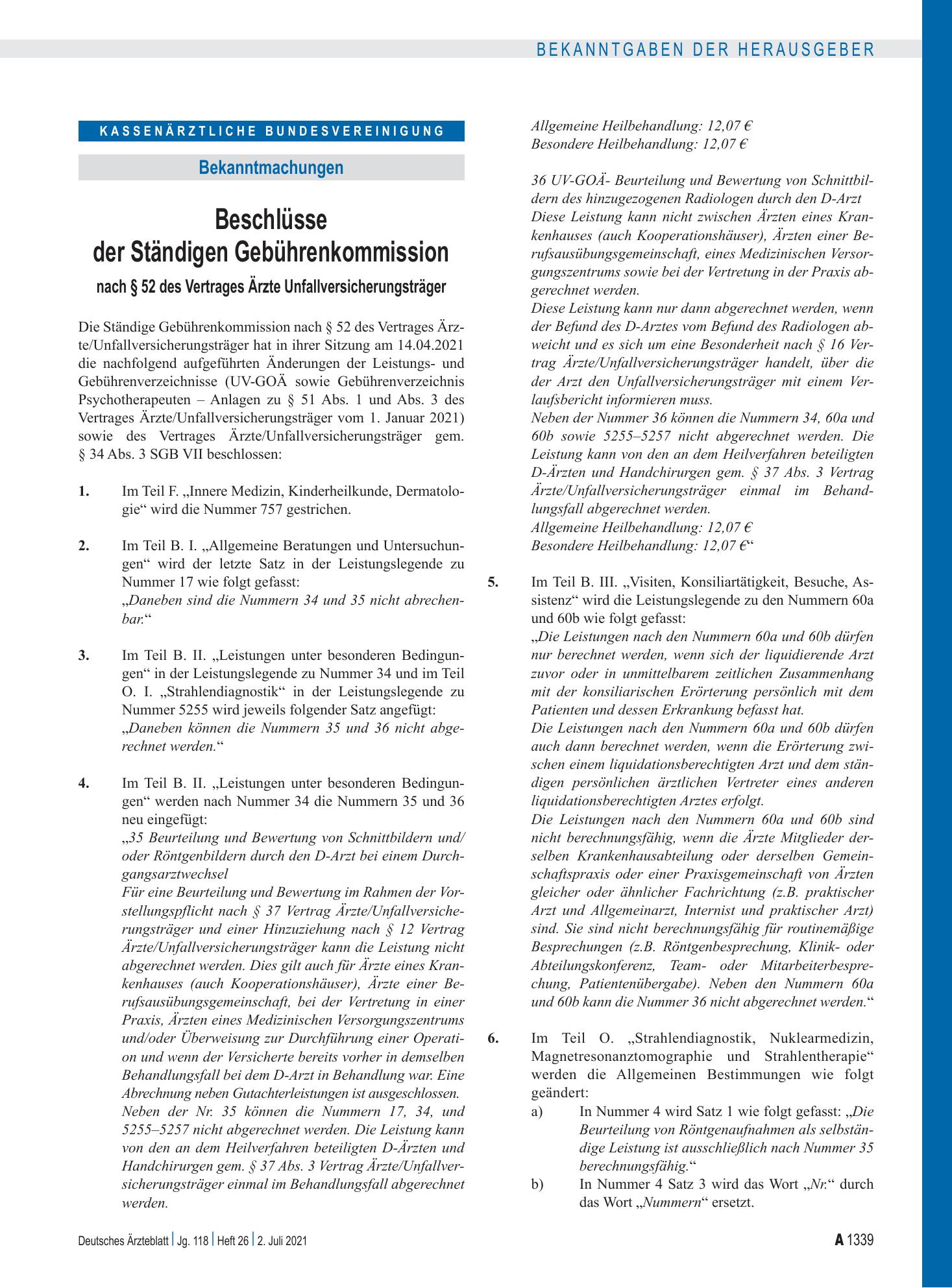 Vorschauseite 1: Beschlüsse der Ständigen Gebührenkommission nach § 52 des Vertrages Ärzte Unfallversicherungsträger – Deutsches Ärzteblatt