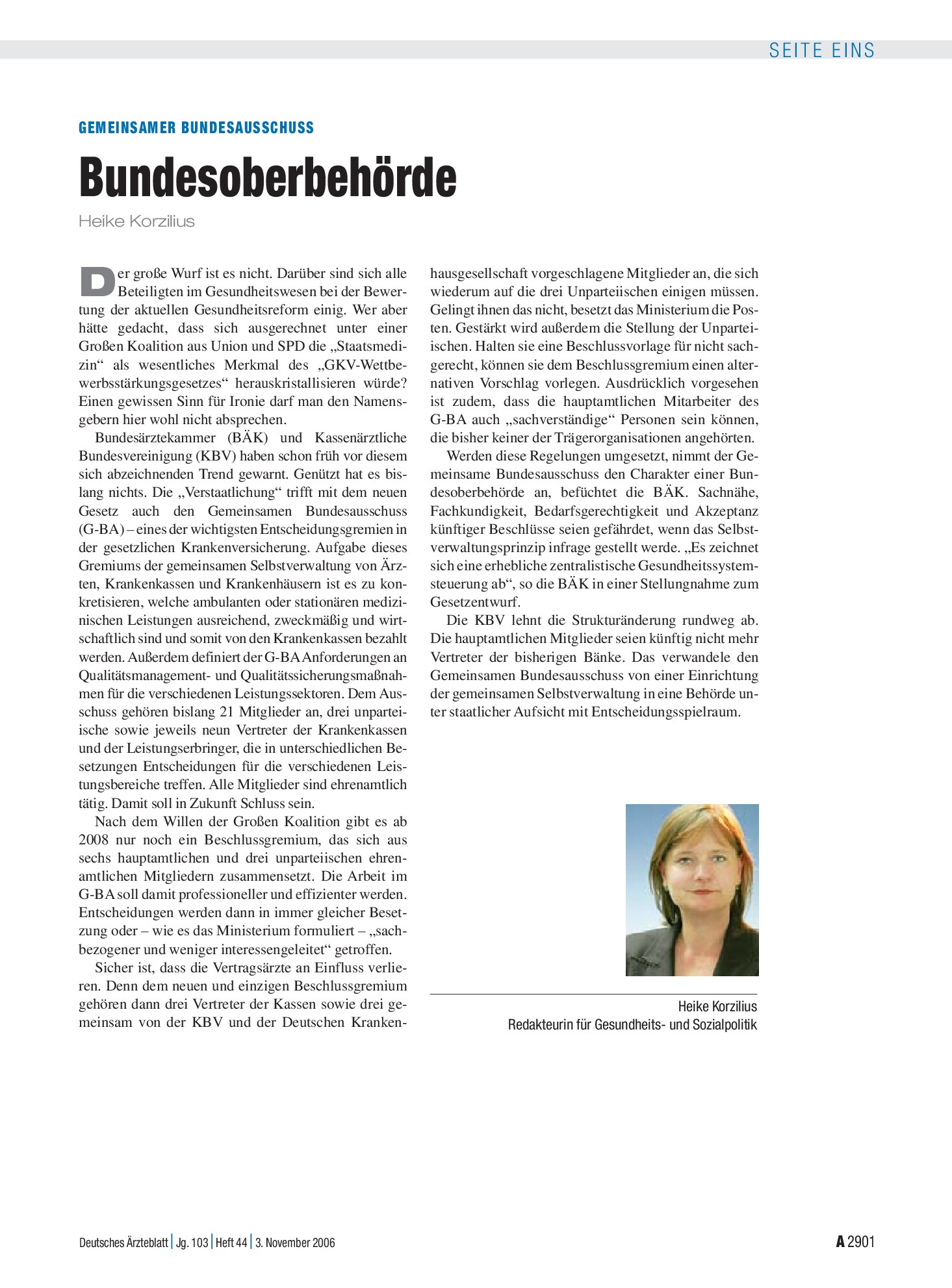Vorschauseite 1: Gemeinsamer Bundesausschuss: Bundesoberbehörde – Deutsches Ärzteblatt