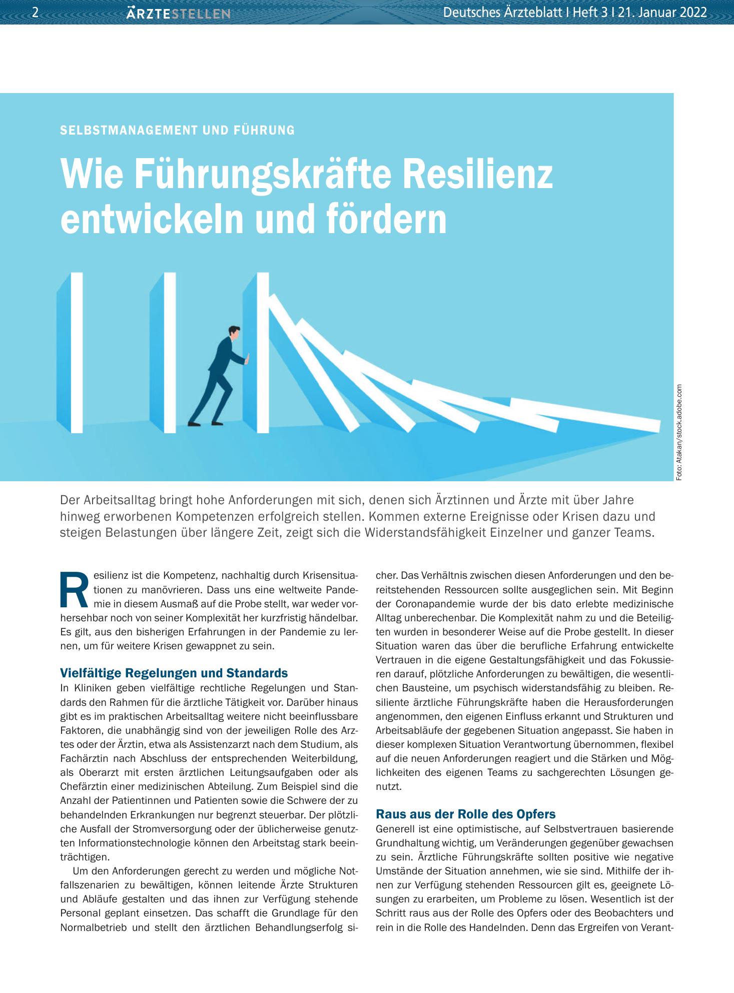 Vorschauseite 1: Selbstmanagement und Führung: Wie Führungskräfte Resilienz entwickeln und fördern – Deutsches Ärzteblatt