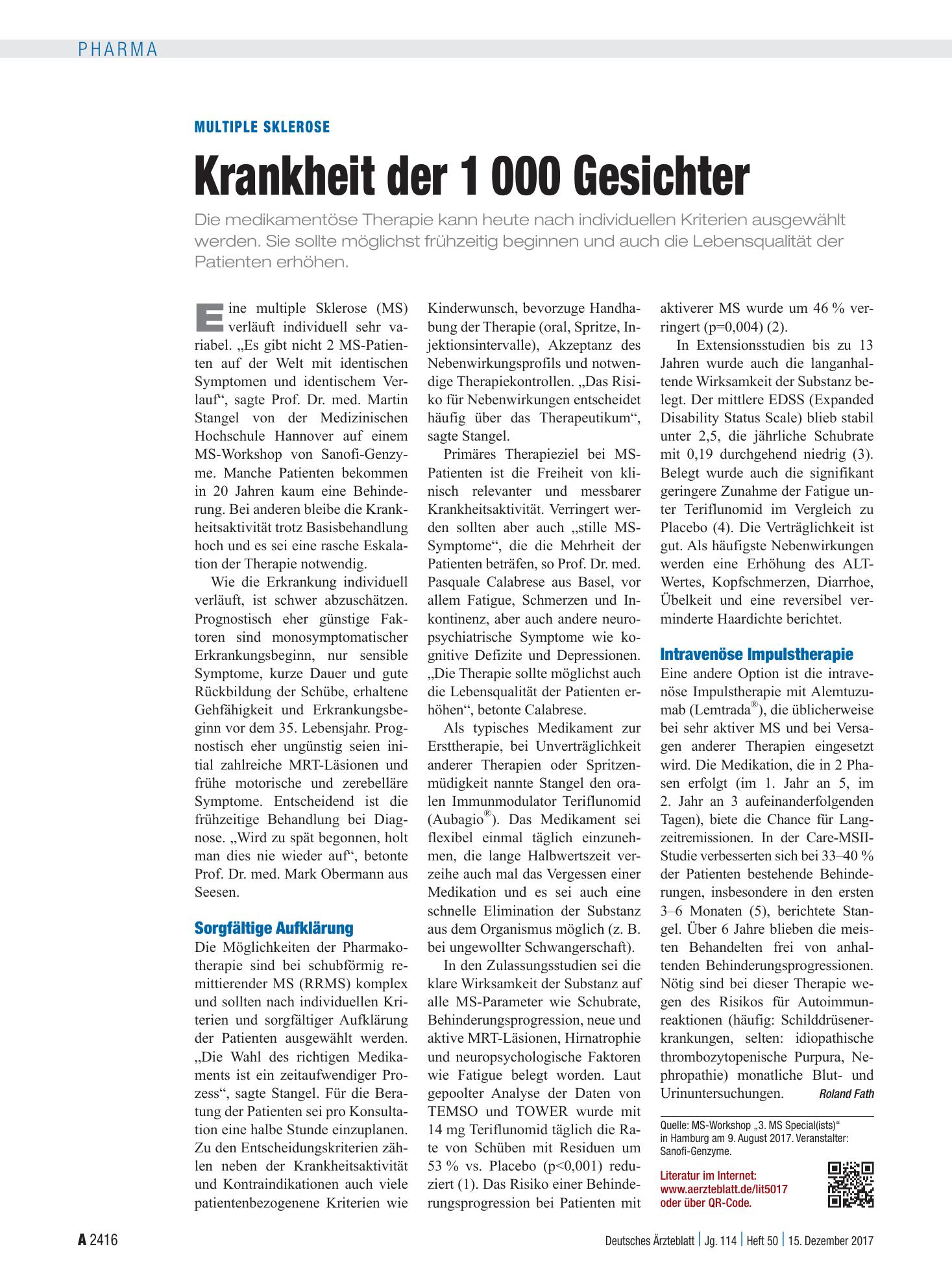 Vorschauseite 1: Multiple Sklerose: Krankheit der 1 000 Gesichter – Deutsches Ärzteblatt