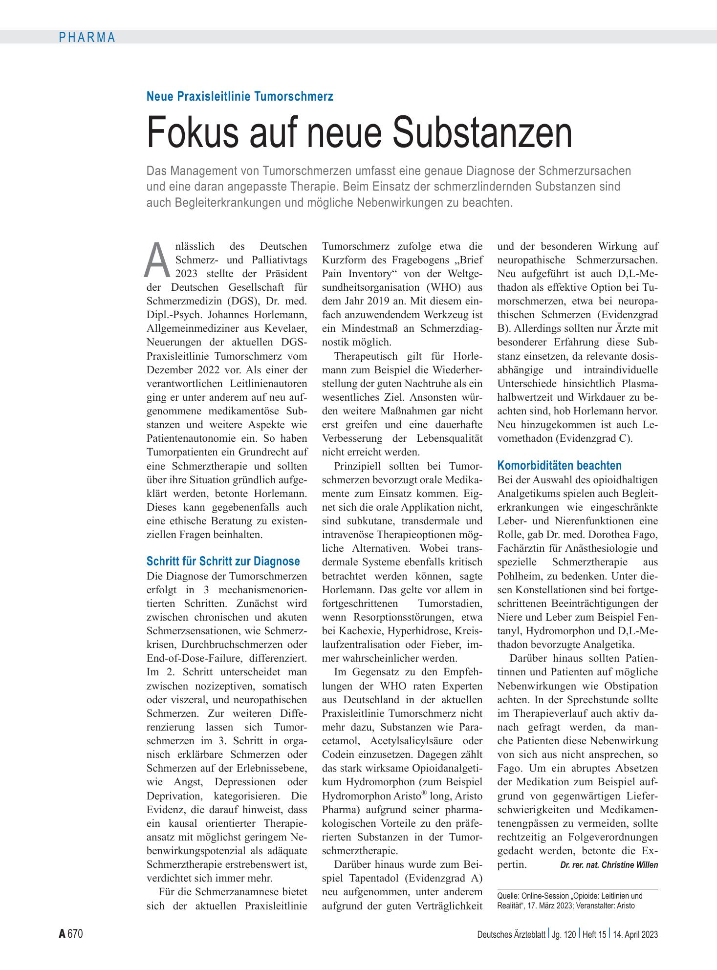 Vorschauseite 1: Neue Praxisleitlinie Tumorschmerz: Fokus auf neue Substanzen – Deutsches Ärzteblatt