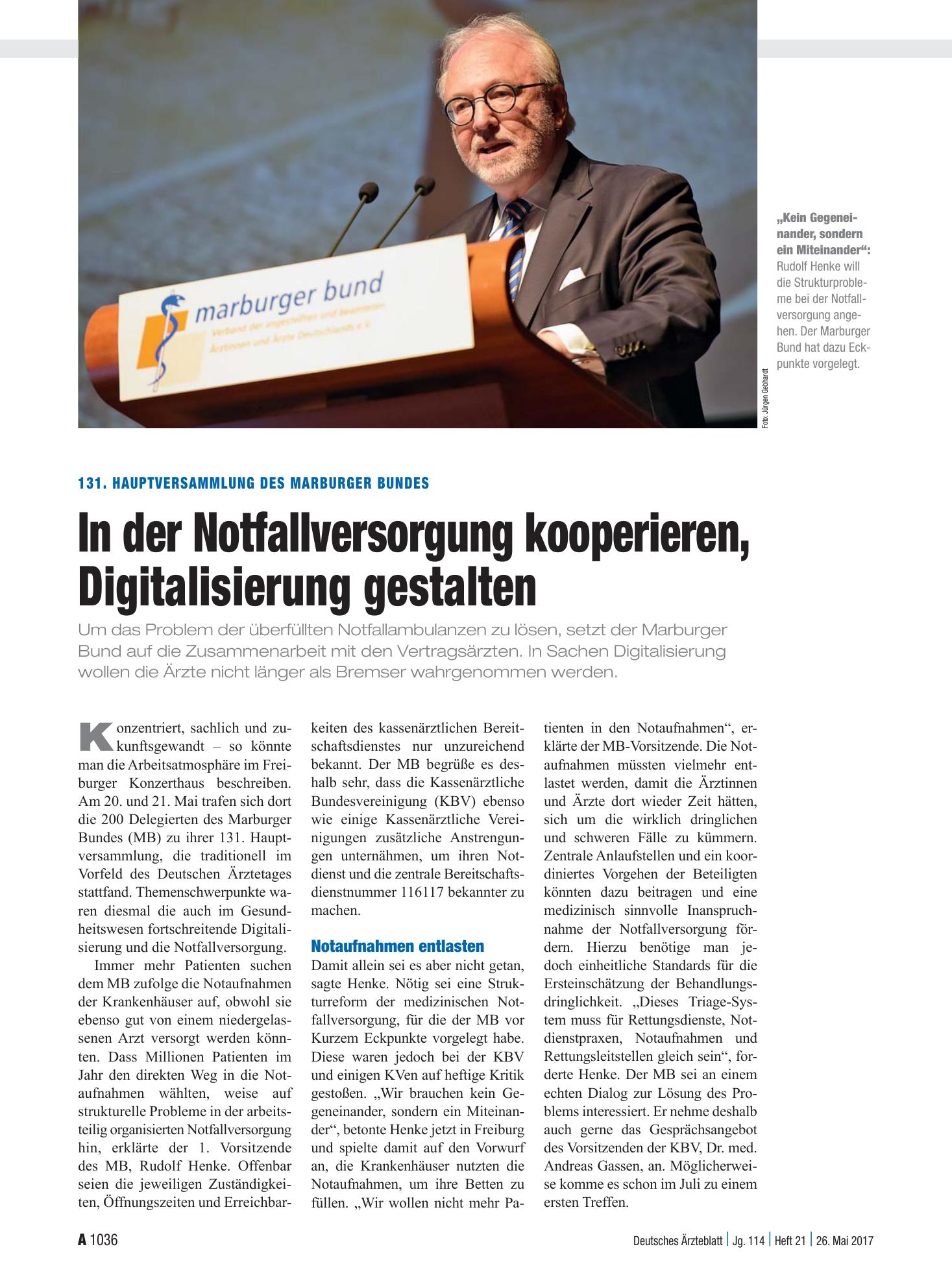 Vorschauseite 1: 131. Hauptversammlung des Marburger Bundes: In der Notfallversorgung kooperieren, Digitalisierung gestalten – Deutsches Ärzteblatt