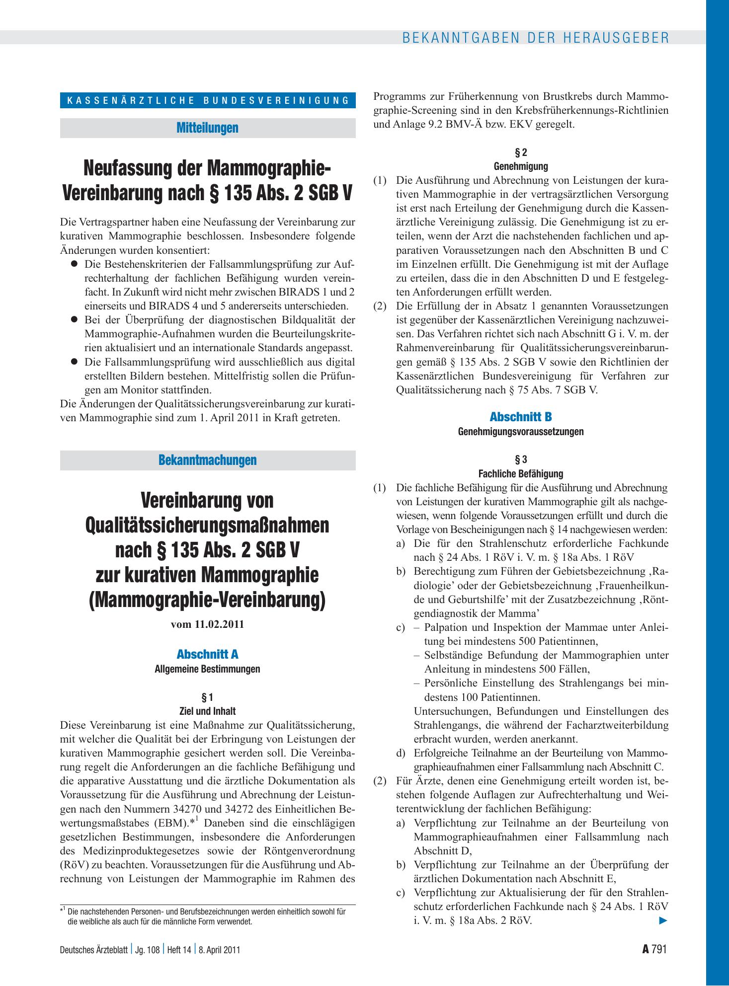 Vorschauseite 1: Neufassung der Mammographie-Vereinbarung nach § 135 Abs. 2 SGB V – Vereinbarung von Qualitätssicherungsmaßnahmen nach § 135 Abs. 2 SGB V zur kurativen Mammographie (Mammographie-V…