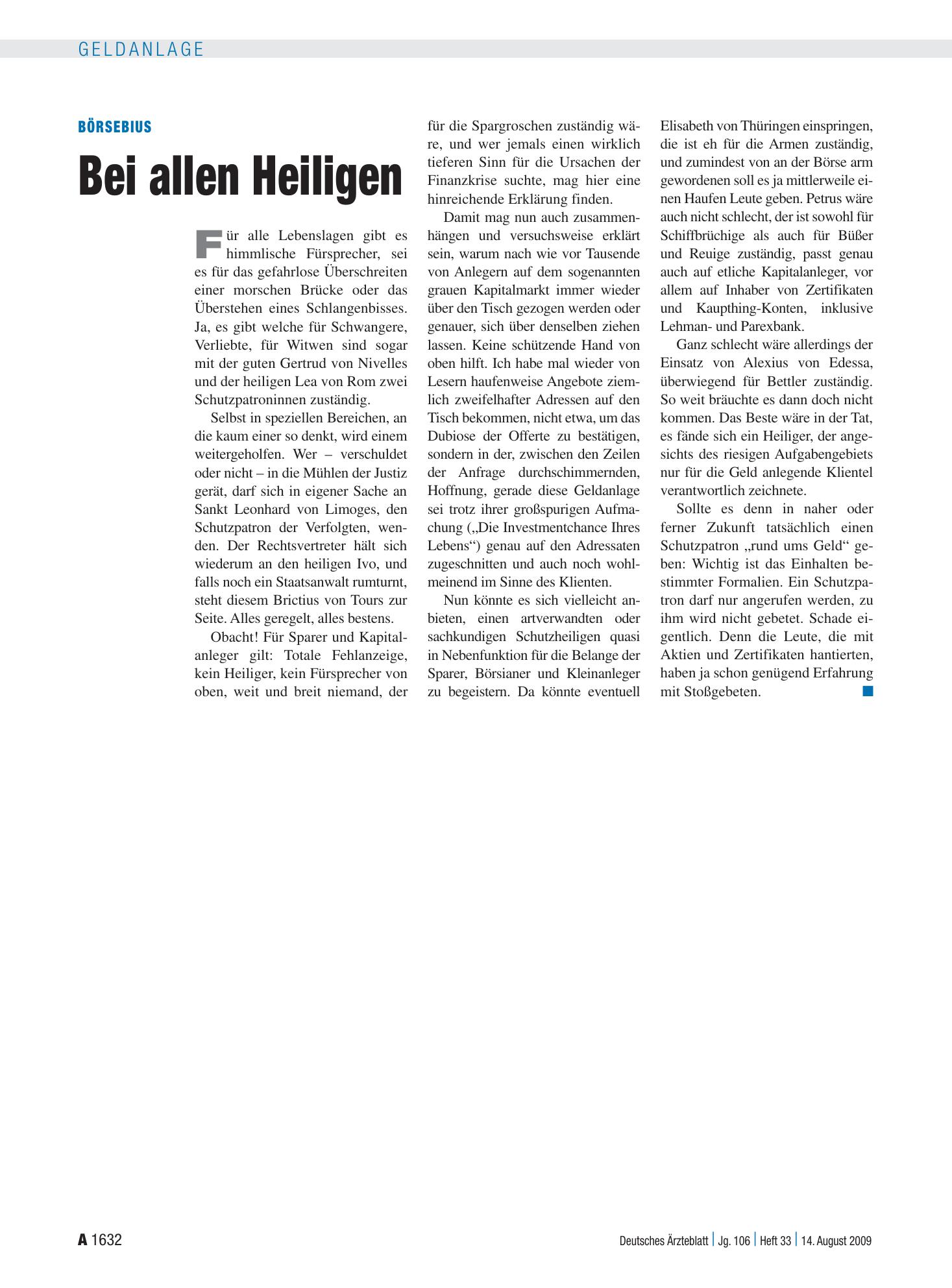 Vorschauseite 1: Börsebius: Bei allen Heiligen – Deutsches Ärzteblatt