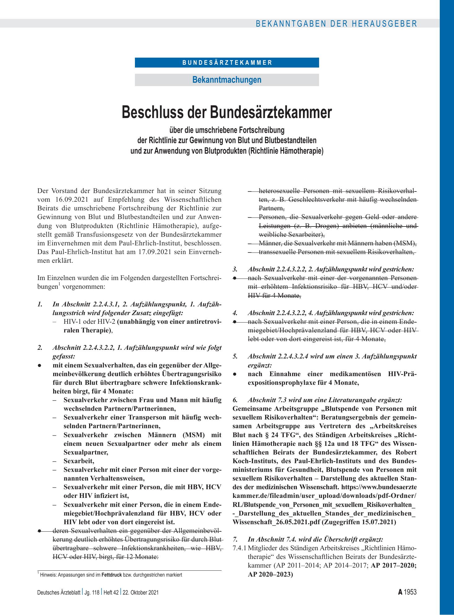 Vorschauseite 1: Beschluss der Bundesärztekammer über die umschriebene Fortschreibung der Richtlinie zur Gewinnung von Blut und Blutbestandteilen und zur Anwendung von Blutprodukten (Richtlinie Hä…
