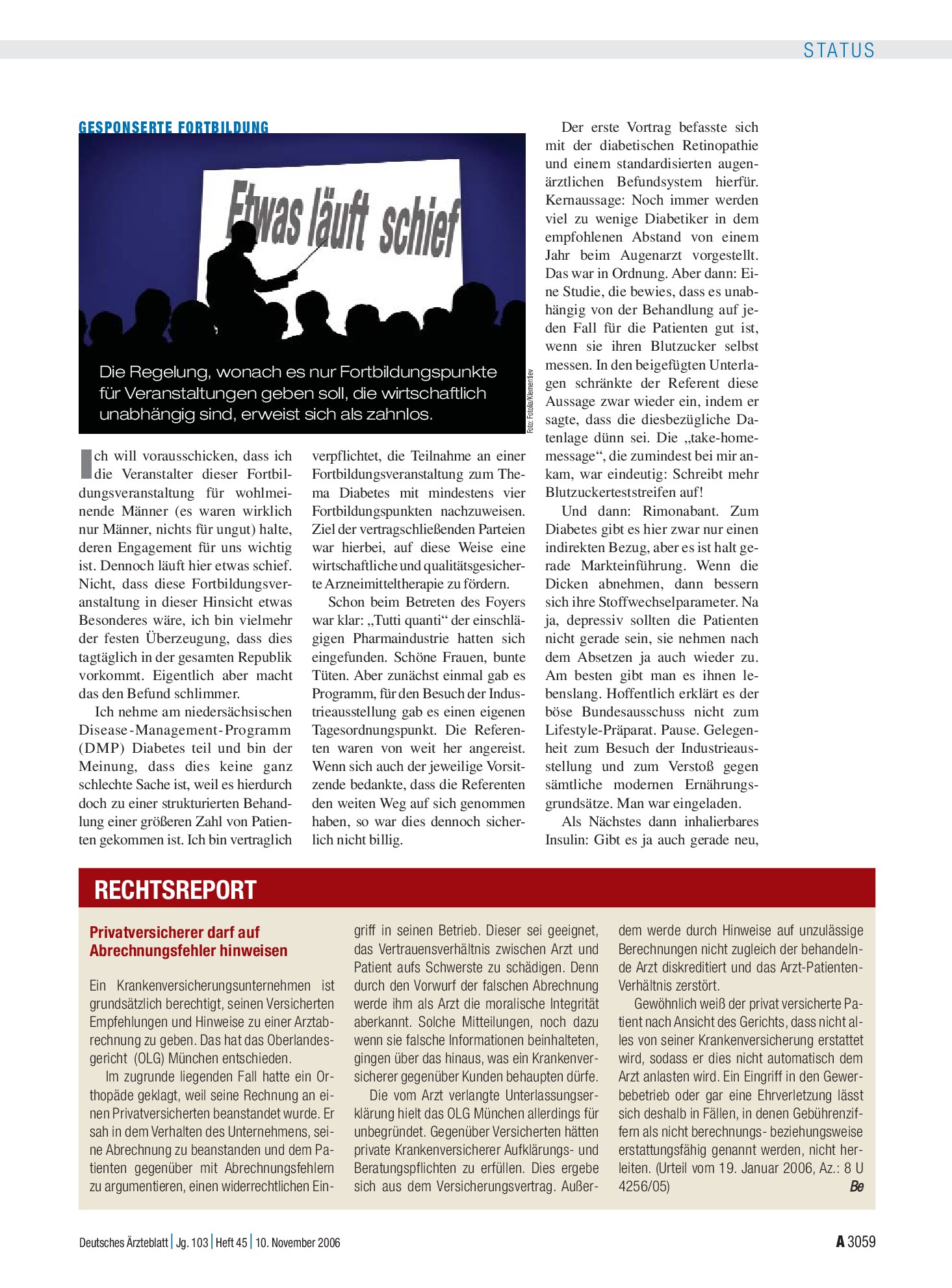 Vorschauseite 1: Privatversicherer darf auf Abrechnungsfehler hinweisen – Deutsches Ärzteblatt