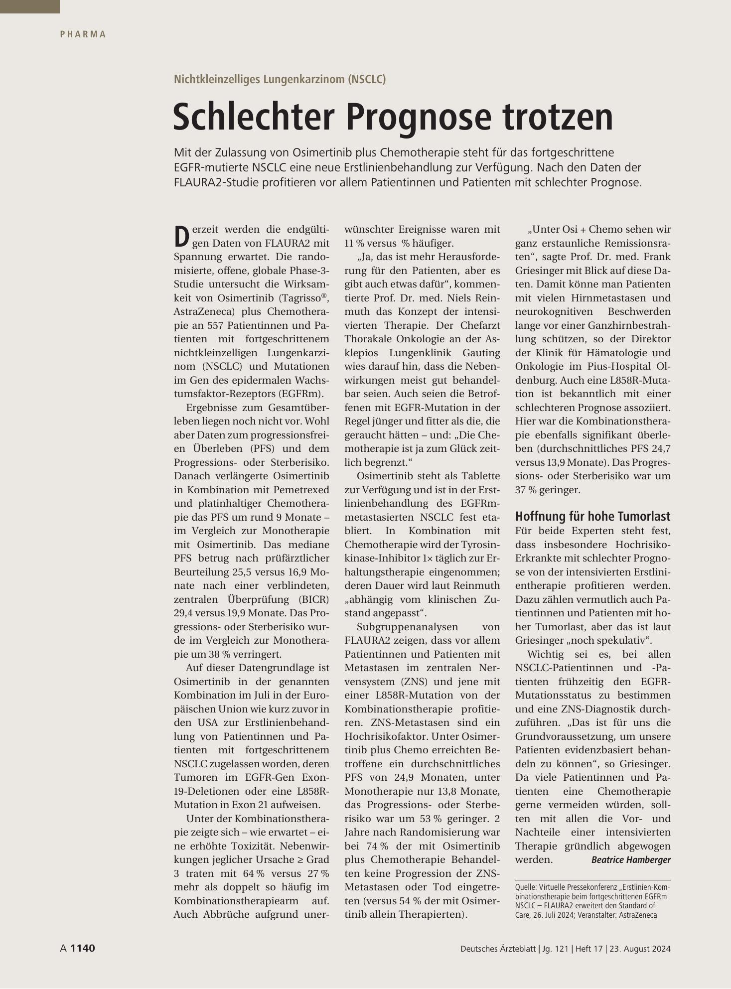 Vorschauseite 1: Nichtkleinzelliges Lungenkarzinom (NSCLC): Schlechter Prognose trotzen – Deutsches Ärzteblatt