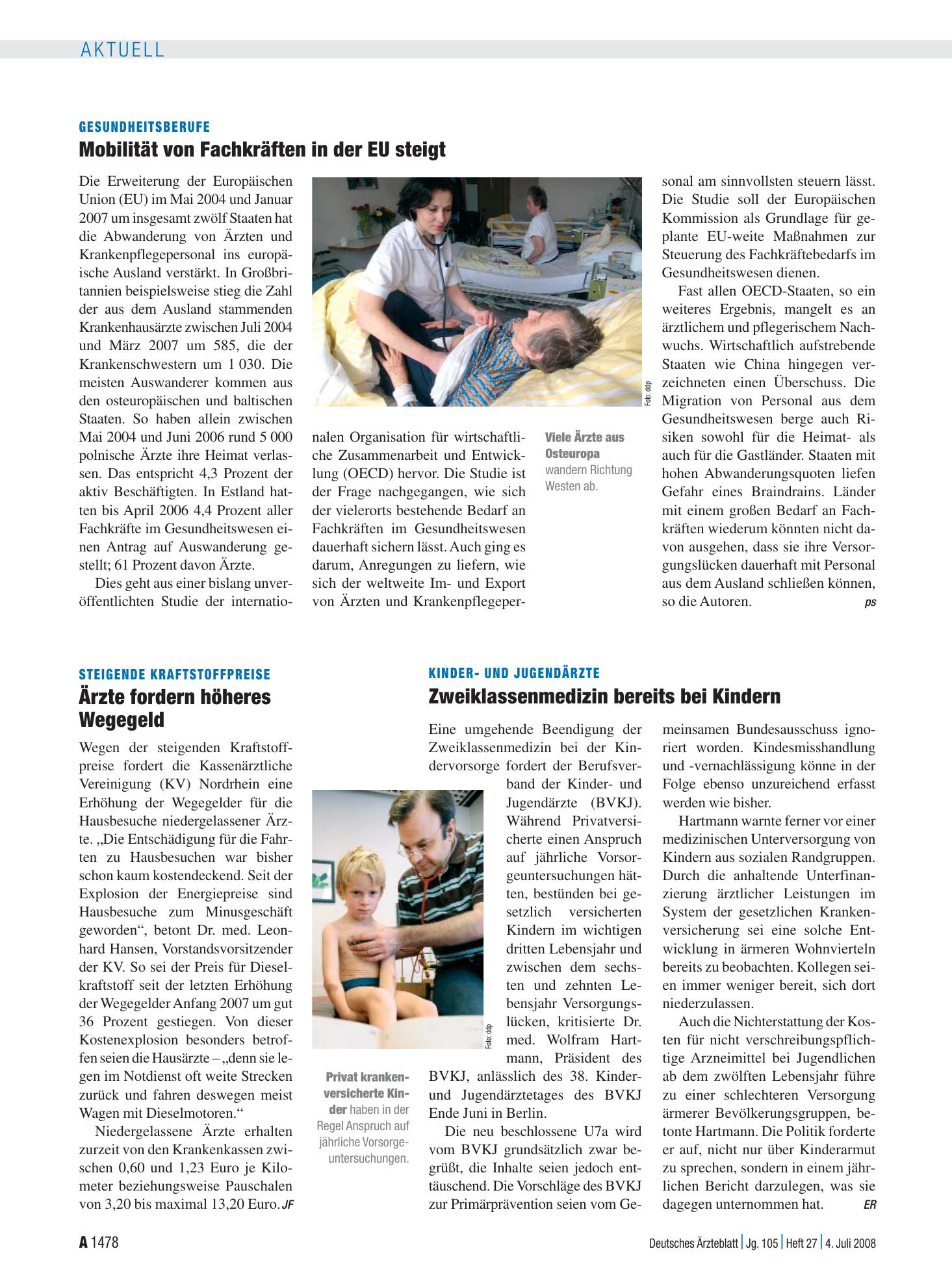 Vorschauseite 1: Gesundheitsberufe: Mobilität von Fachkräften in der EU steigt – Deutsches Ärzteblatt