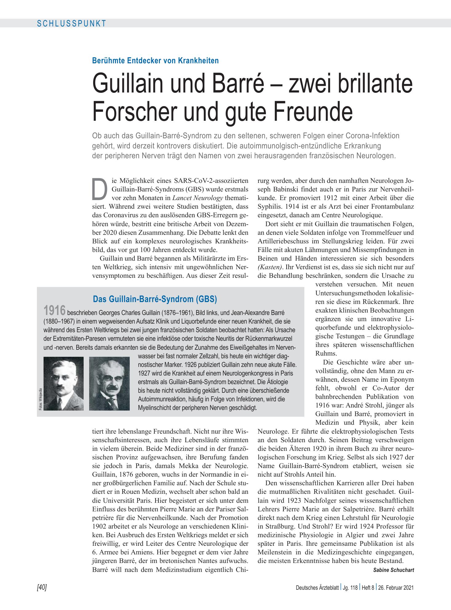 Vorschauseite 1: Berühmte Entdecker von Krankheiten: Guillain und Barré – zwei brillante Forscher und gute Freunde – Deutsches Ärzteblatt