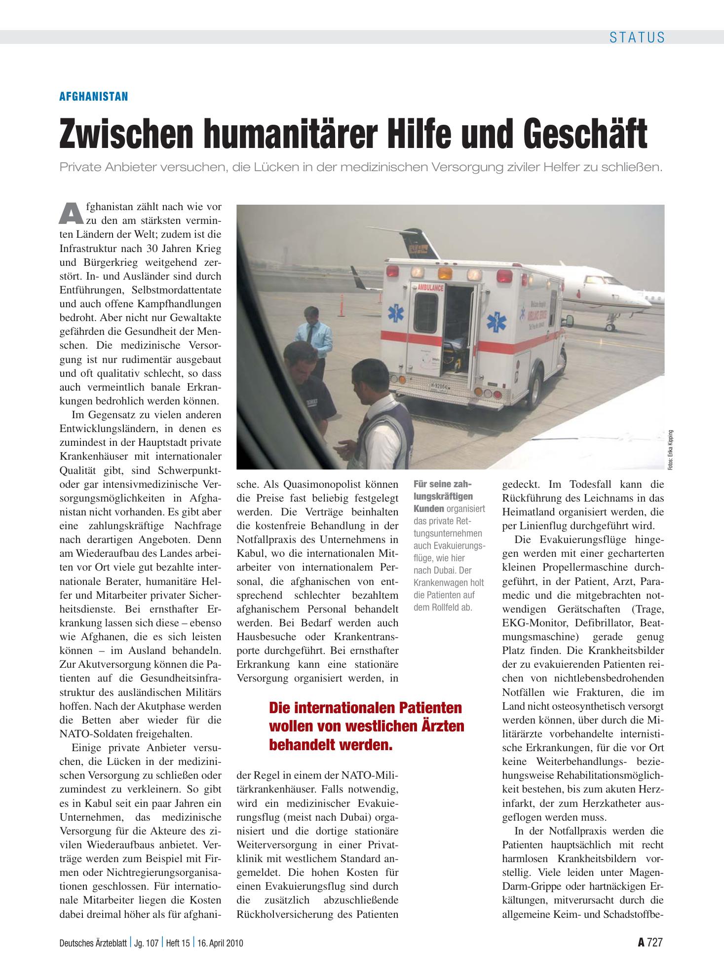 Vorschauseite 1: Afghanistan: Zwischen humanitärer Hilfe und Geschäft – Deutsches Ärzteblatt