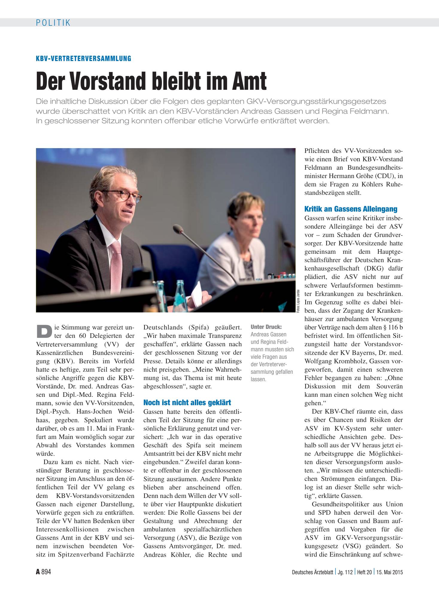 Vorschauseite 1: KBV-Vertreterversammlung: Der Vorstand bleibt im Amt – Deutsches Ärzteblatt