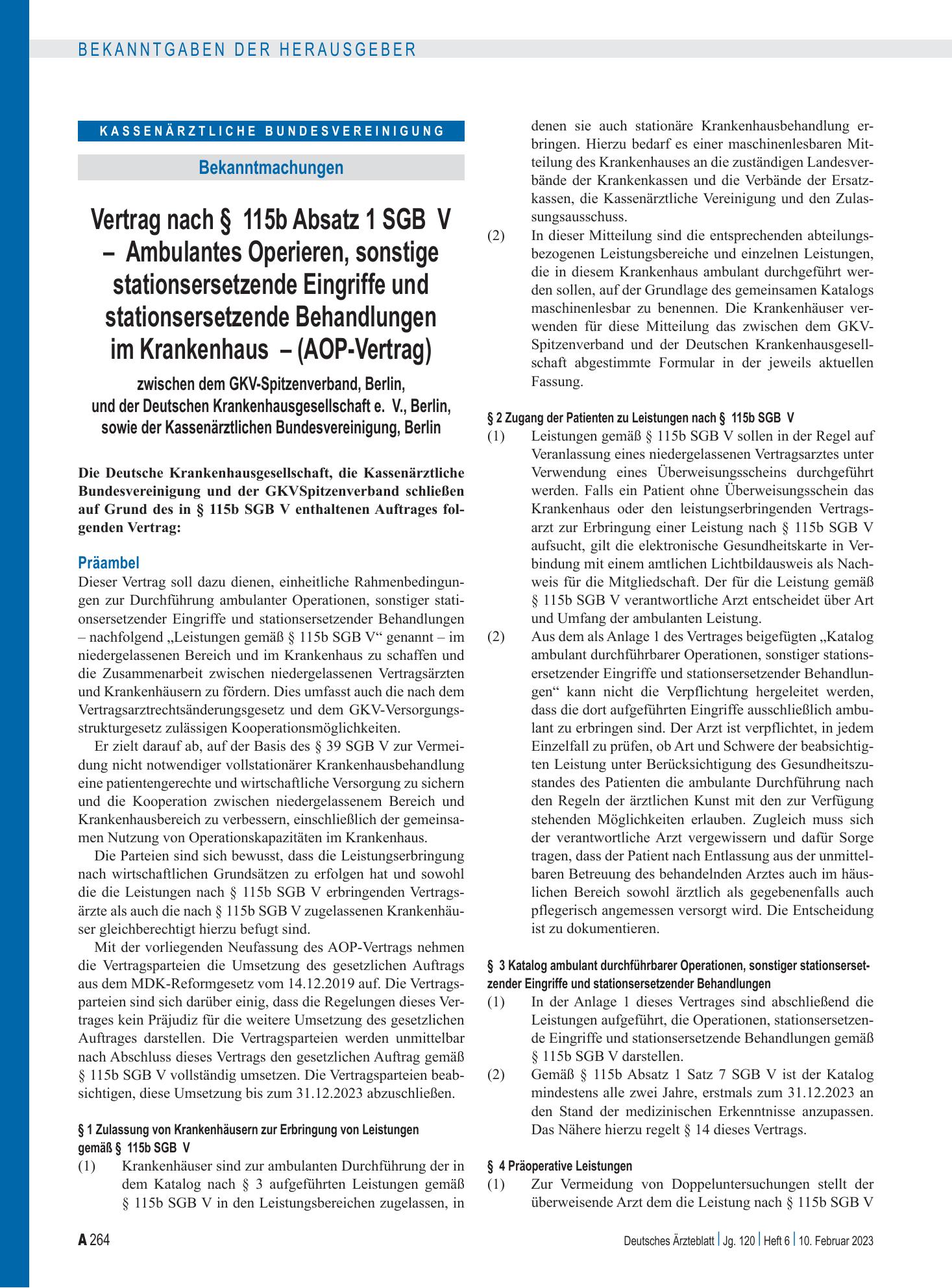 Vorschauseite 1: Vertrag nach § 115b Absatz 1 SGB V – Ambulantes Operieren, sonstige stationsersetzende Eingriffe und stationsersetzende Behandlungen im Krankenhaus – (AOP-Vertrag) zwischen dem GK…