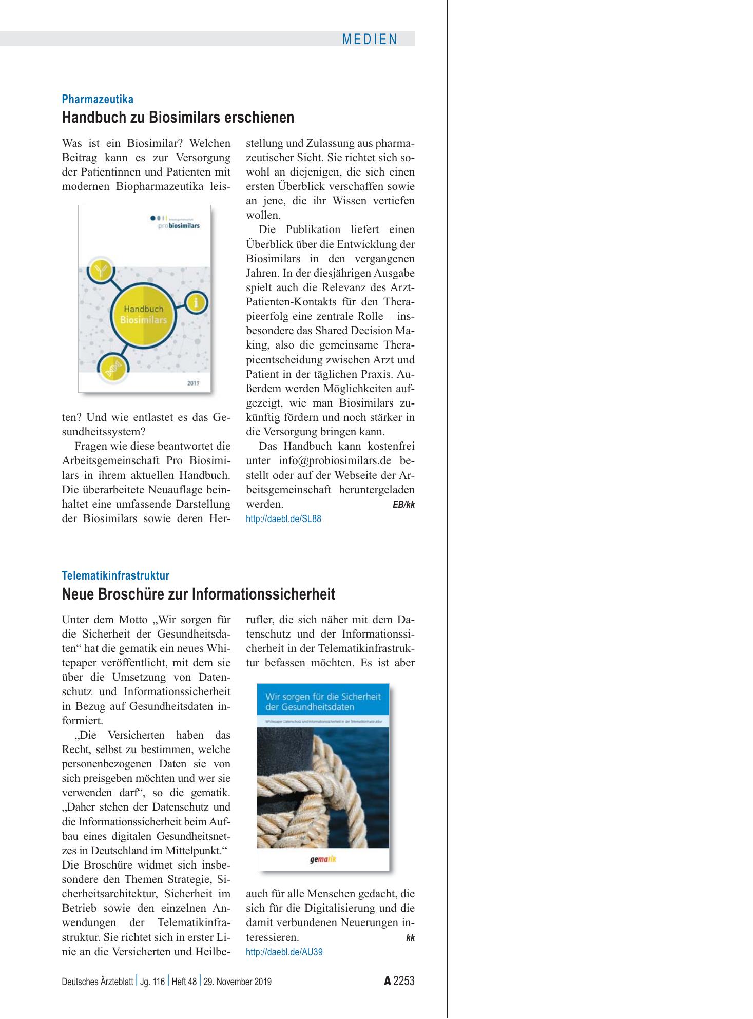 Vorschauseite 1: Pharmazeutika: Handbuch zu Biosimilars erschienen – Deutsches Ärzteblatt