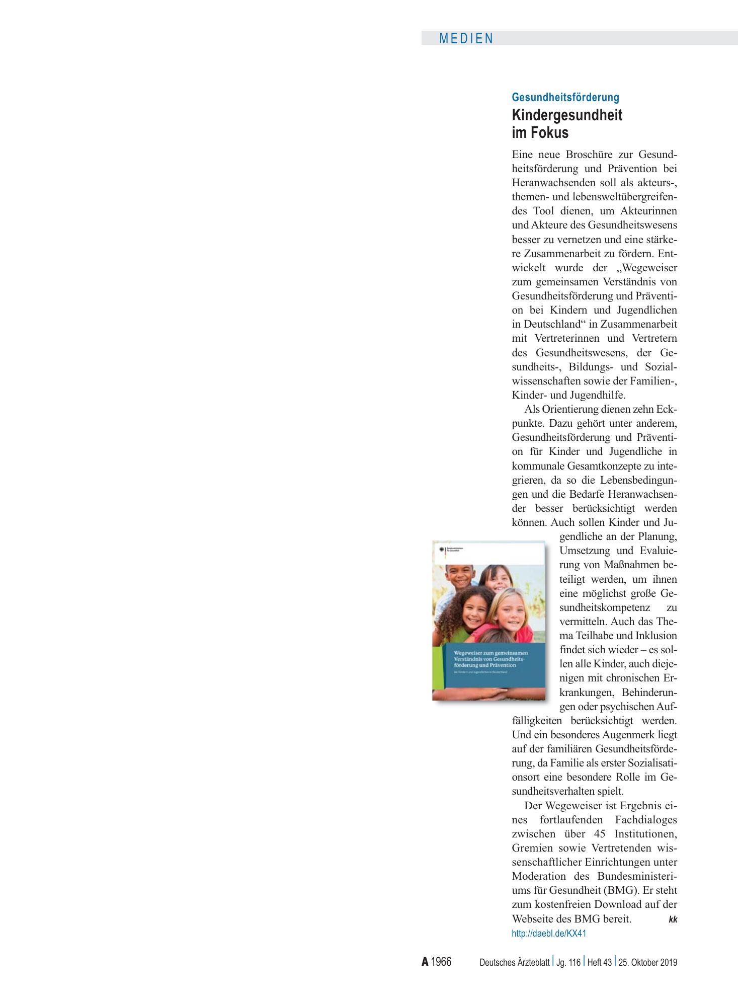 Vorschauseite 1: Gesundheitsförderung: Kindergesundheit im Fokus – Deutsches Ärzteblatt