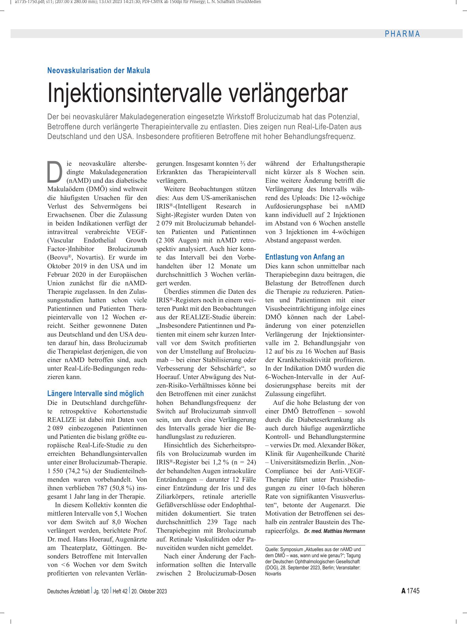 Vorschauseite 1: Neovaskularisation der Makula: Injektionsintervalle verlängerbar – Deutsches Ärzteblatt