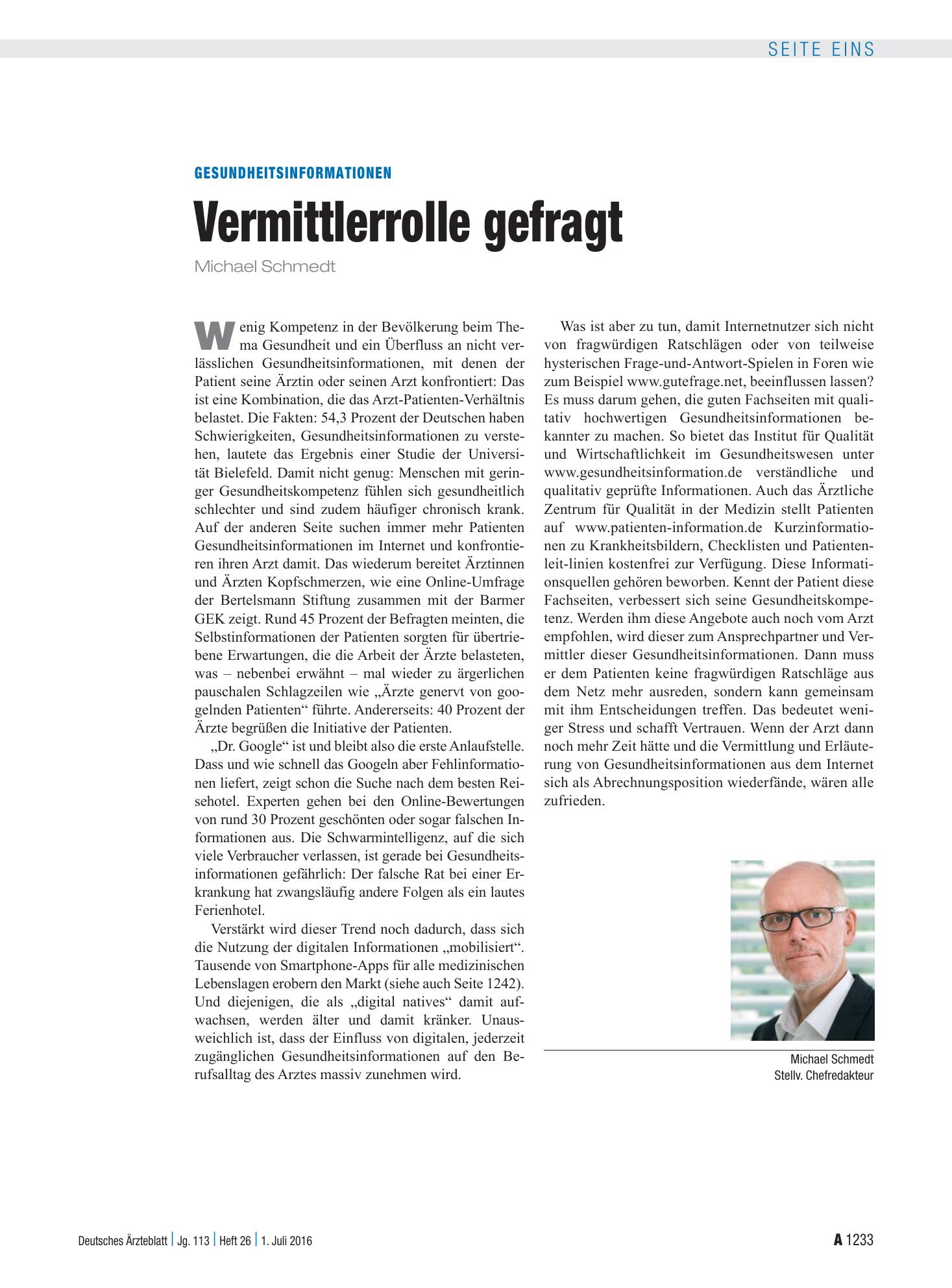 Vorschauseite 1: Gesundheitsinformationen: Vermittlerrolle gefragt – Deutsches Ärzteblatt